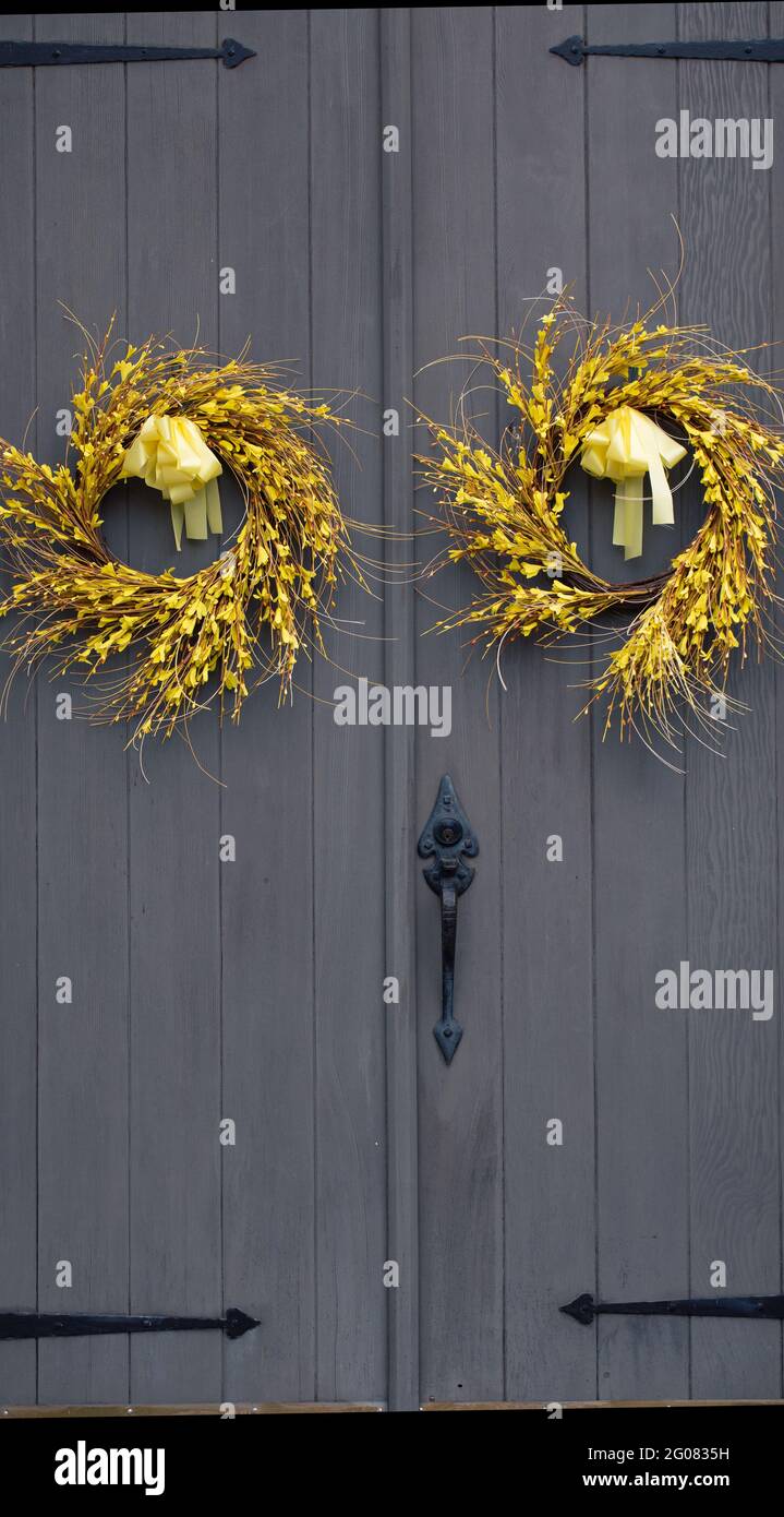 Portes grises avec couronnes jaunes Banque D'Images