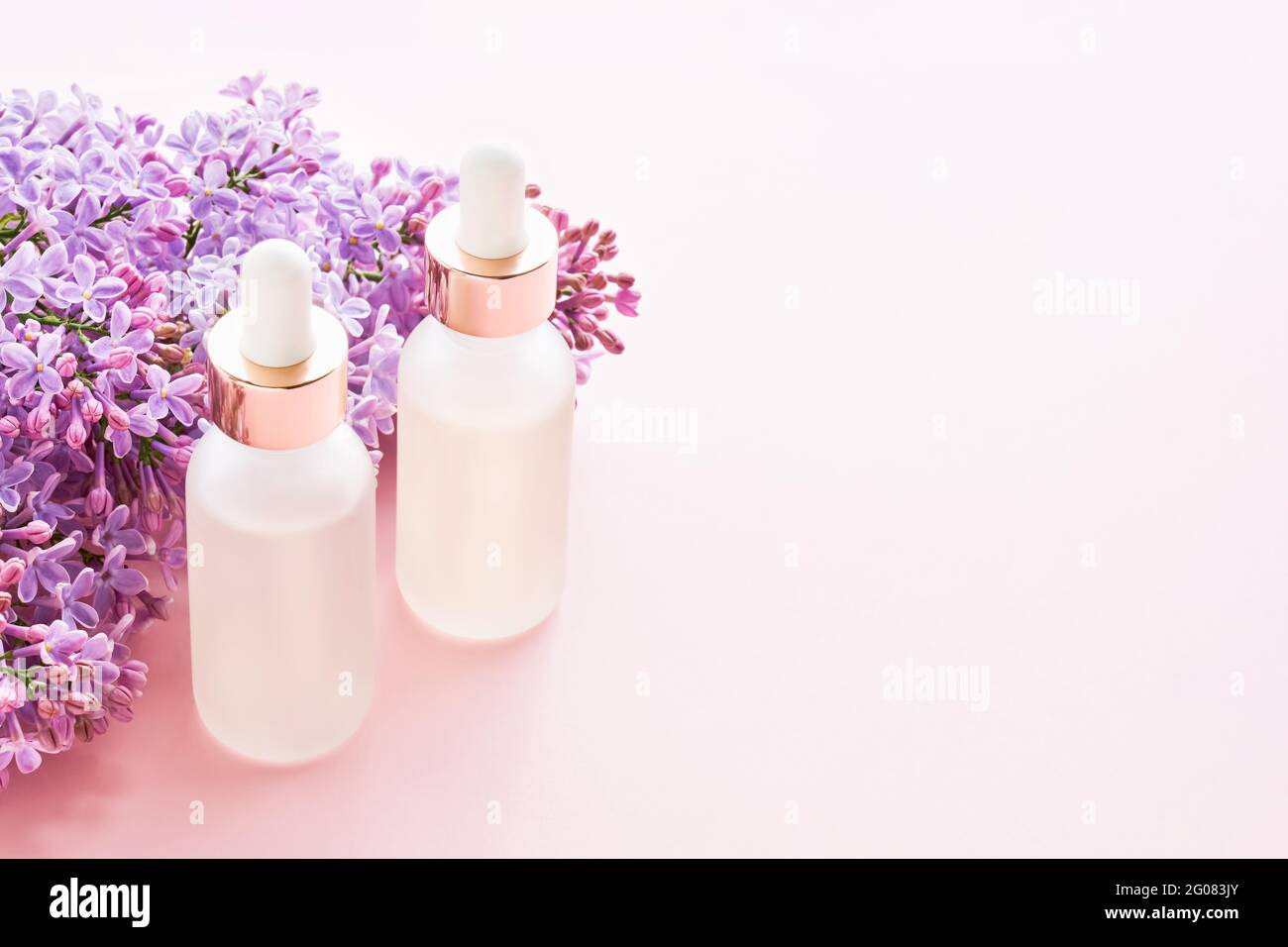 Flacons compte-gouttes en verre à usage médical et cosmétique et fleurs de lilas sur fond rose. Concept SPA. Copier l'espace pour le texte Banque D'Images
