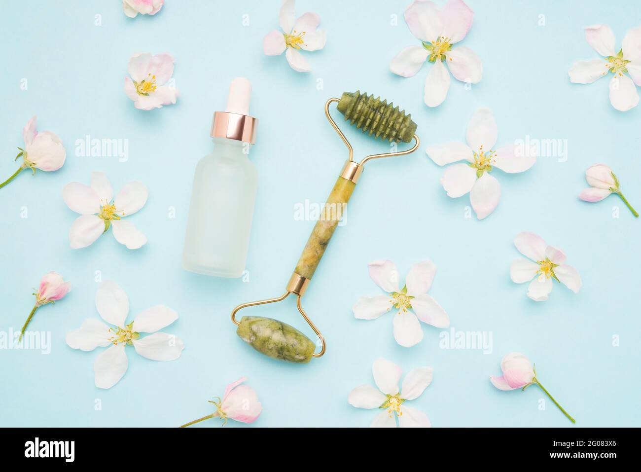 Rouleau de Jade pour le massage du visage, flacon compte-gouttes en verre à usage médical et cosmétique et fleurs d'arbre de pomme sur fond bleu clair. Concept SPA Banque D'Images