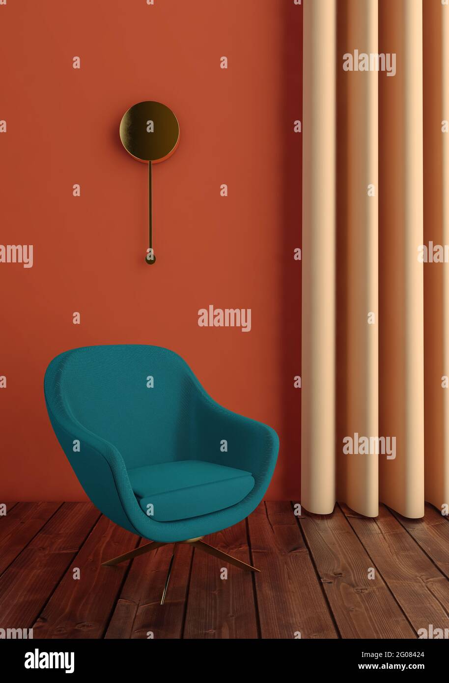 Fauteuil vert à l'intérieur sur mur orange et rideau avec Style art déco Banque D'Images