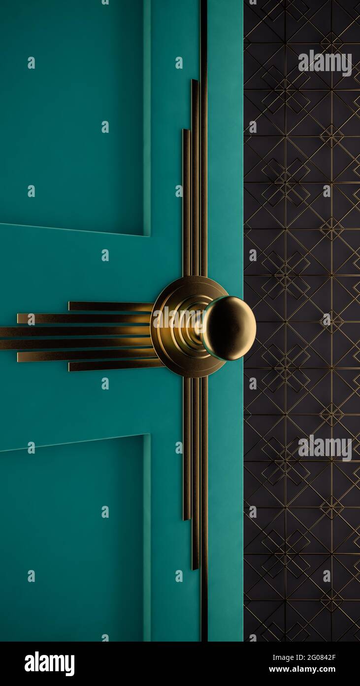 Poignée de porte de style Art déco. Porte verte de la chambre Photo Stock -  Alamy