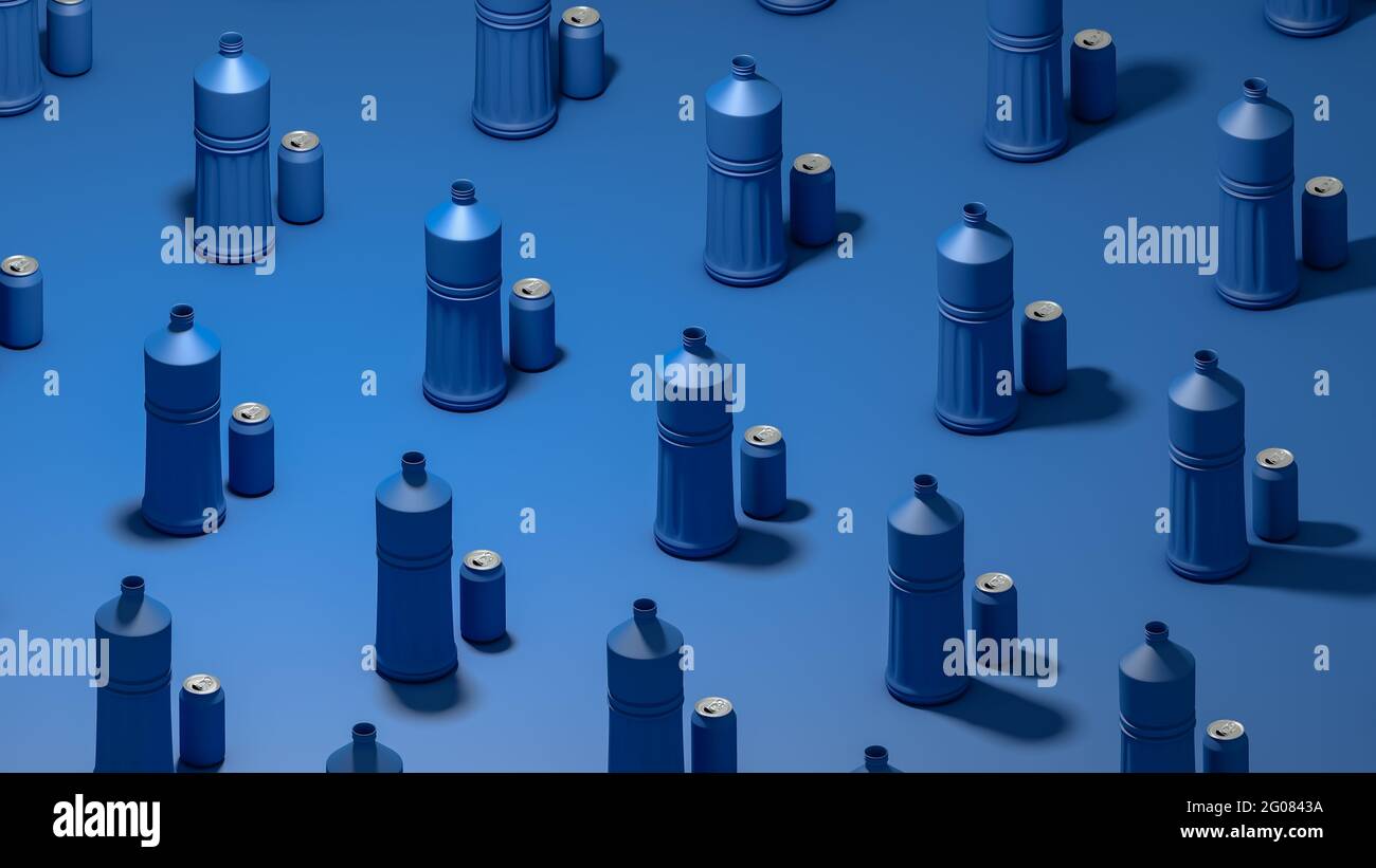 Fond des bouteilles en plastique et des canettes bleues sur fond bleu Banque D'Images