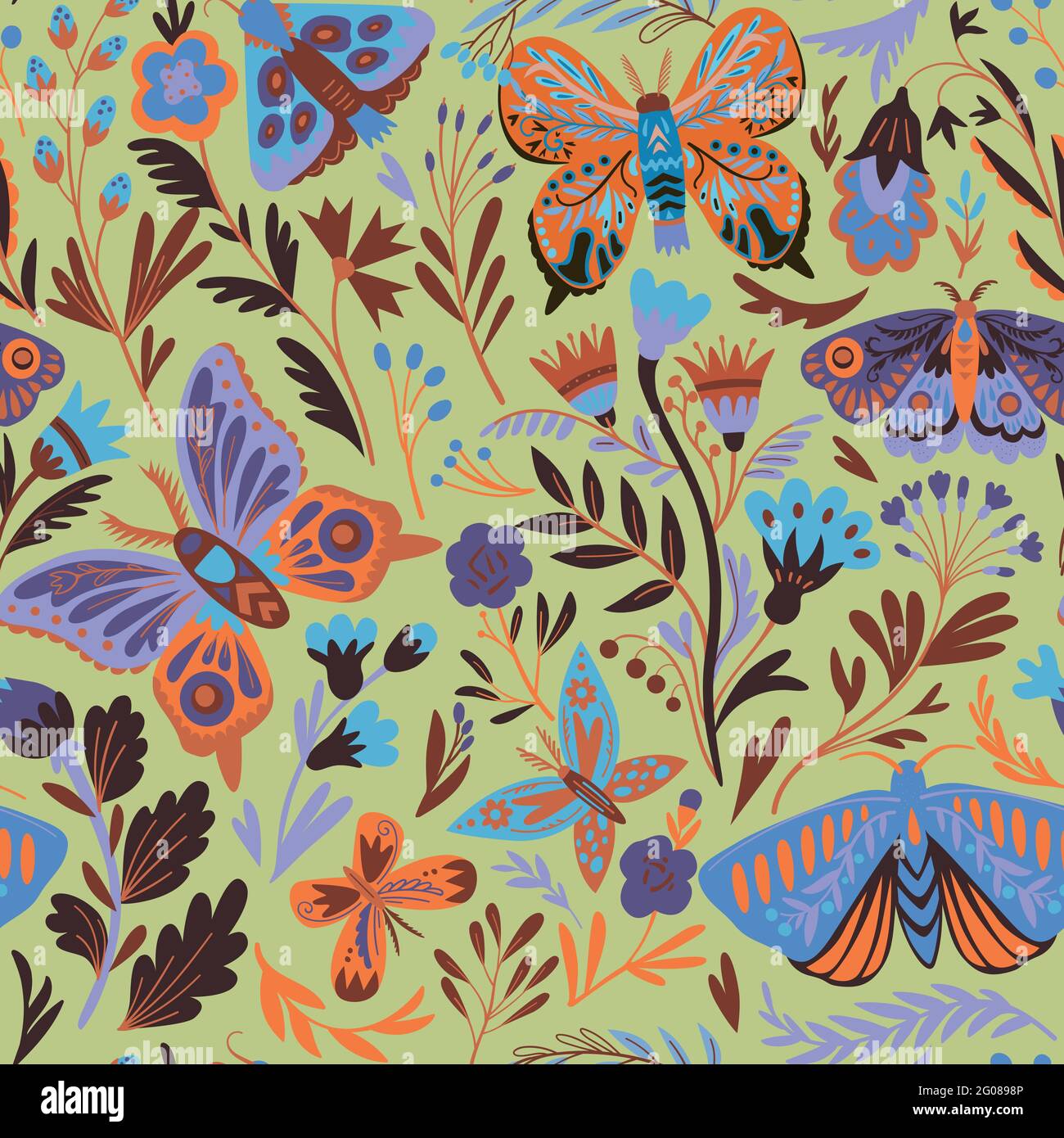 Motif élégant sans couture avec fleurs abstraites décoratives, papillons et papillons dans le style des papillons. Illustration vectorielle. Illustration de Vecteur