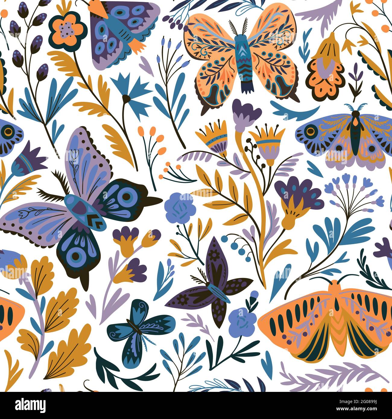 Motif élégant sans couture avec fleurs abstraites décoratives, papillons et papillons dans le style des papillons. Illustration vectorielle. Illustration de Vecteur