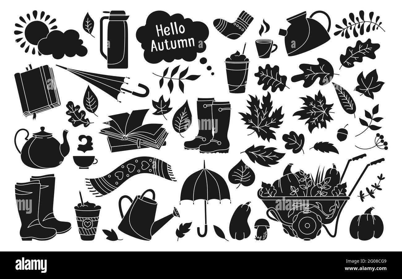 Ensemble de glyphes noirs tendance à dessin animé à la main d'automne. Rural ligne noire rustique congé d'automne, livre café, parapluie, tasse boisson autocollant collection d'icône. Bouilloire, chaussette citrouille automne clip art silhouette vector Illustration de Vecteur