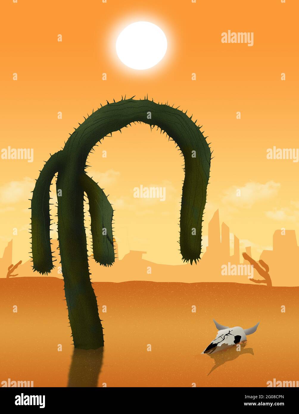 Un cactus de saguaro coud et s'avarie sous le soleil de couvée alors qu'une sécheresse frappe l'ouest des États-Unis. Il s'agit d'une illustration de 3 jours sur les changements climatiques graves Banque D'Images