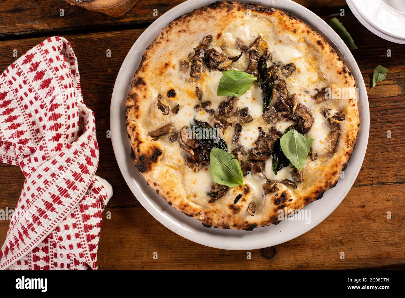 Pizza napolitaine fraîchement cuite avec fromage et champignons Banque D'Images