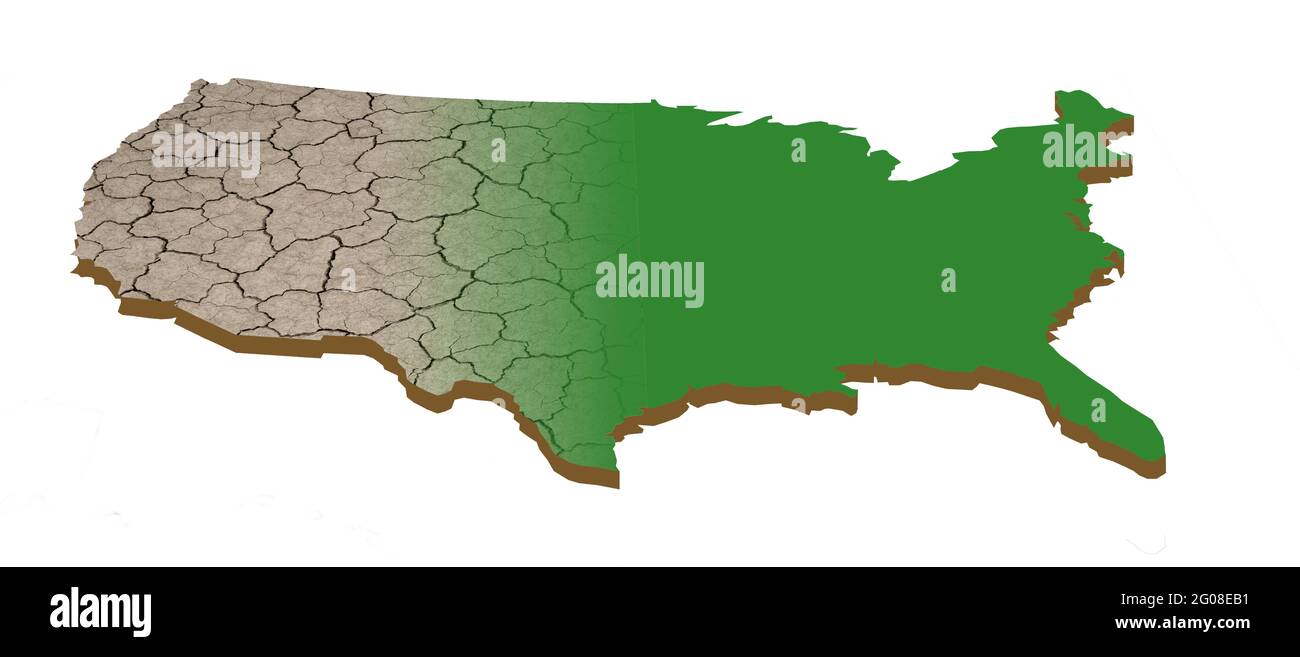 Une carte des États-Unis est brune de la sécheresse tandis que la moitié orientale est verte et luxuriante. Voici une illustration 3-d. Banque D'Images