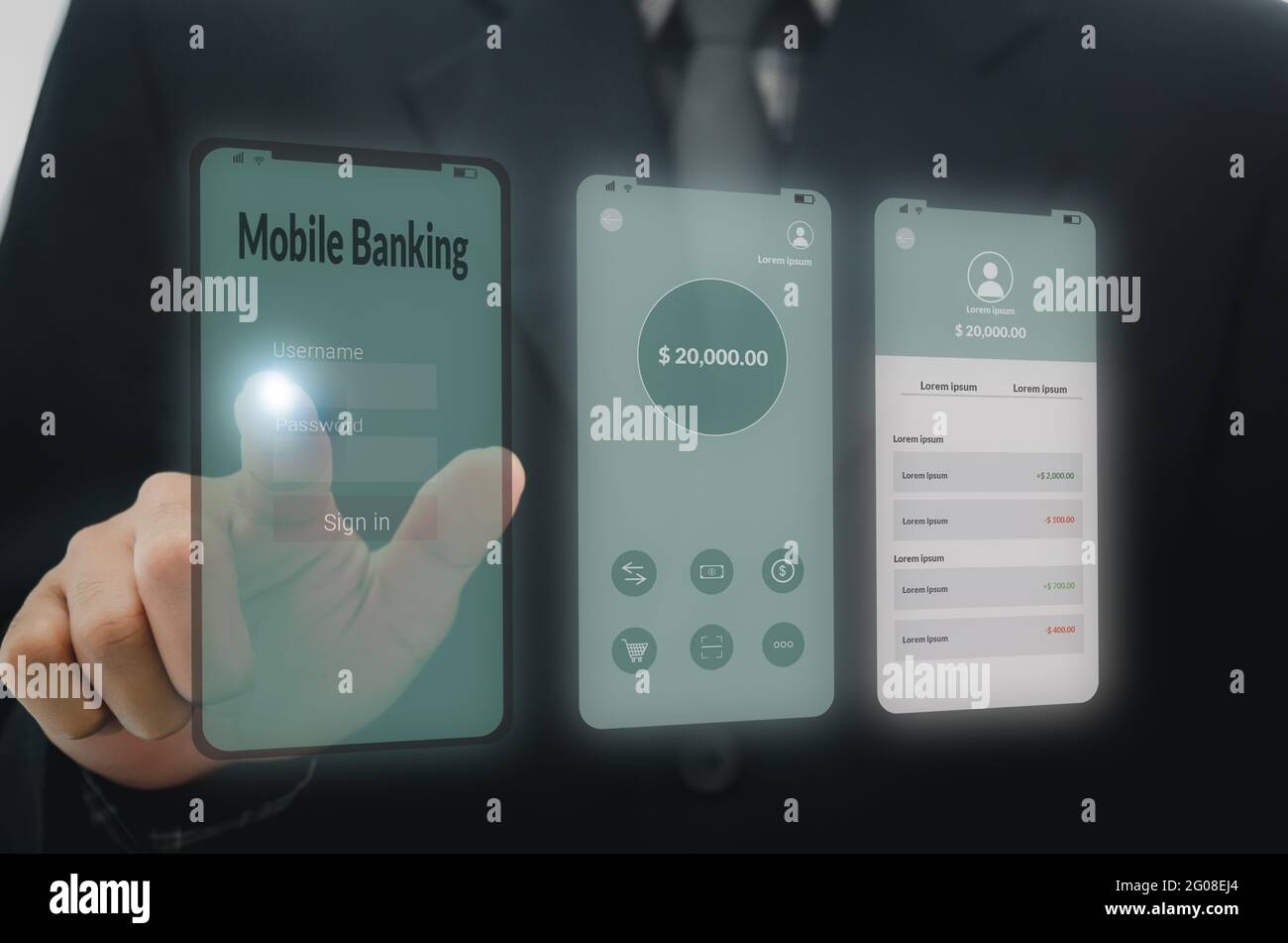 Homme main touchant l'interface d'interface de banque mobile de l'application sur un smartphone. Connexion de réseau de marketing numérique sur écran virtuel, Business technol Banque D'Images
