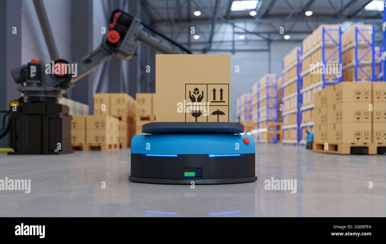 Automatisation en usine avec AGV et bras robotisé pour le transport vers Augmentez davantage le transport avec le rendu Safety.3D Banque D'Images