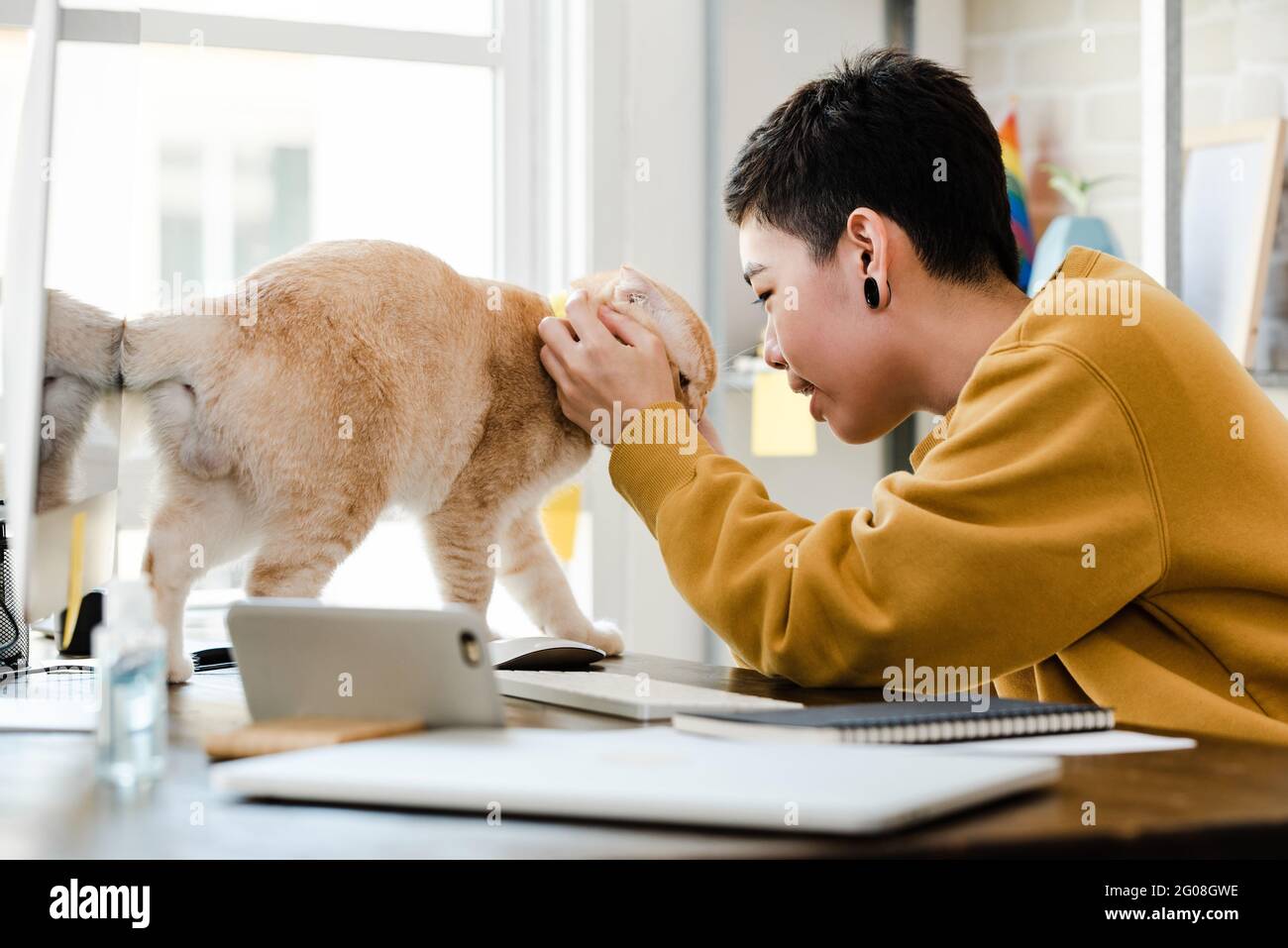 Jeune femme de tomboy asiatique en tenue décontractée touchant son chat affectueusement pendant le travail de la maison dans le salon Banque D'Images