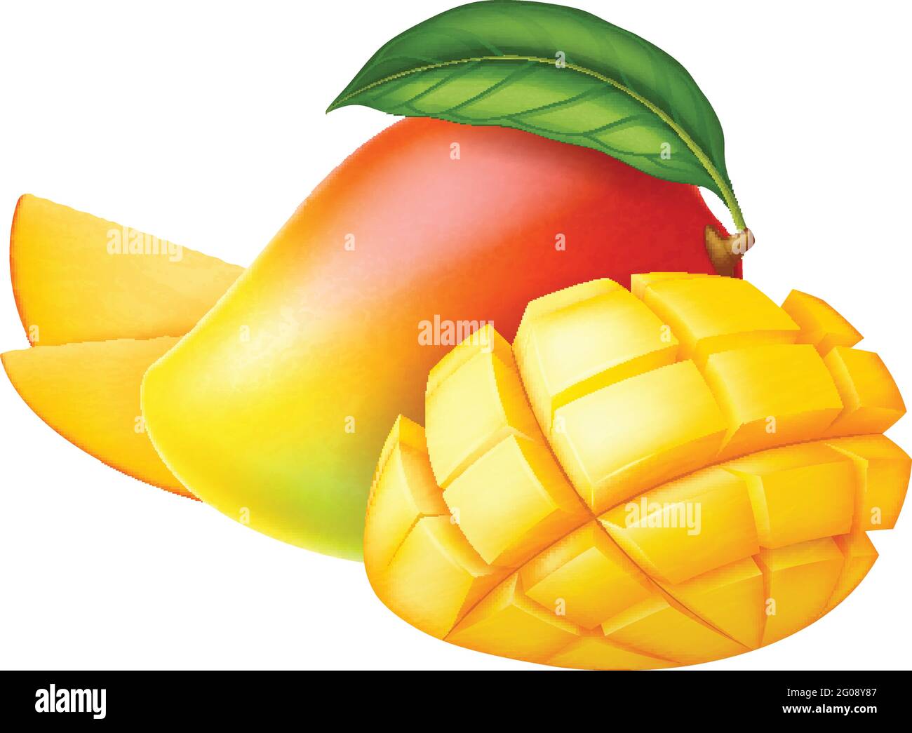 Mangue fraîche et mûre : entière, moitié et tranches isolées sur fond blanc. Illustration vectorielle au réalisme photographique. Illustration de Vecteur