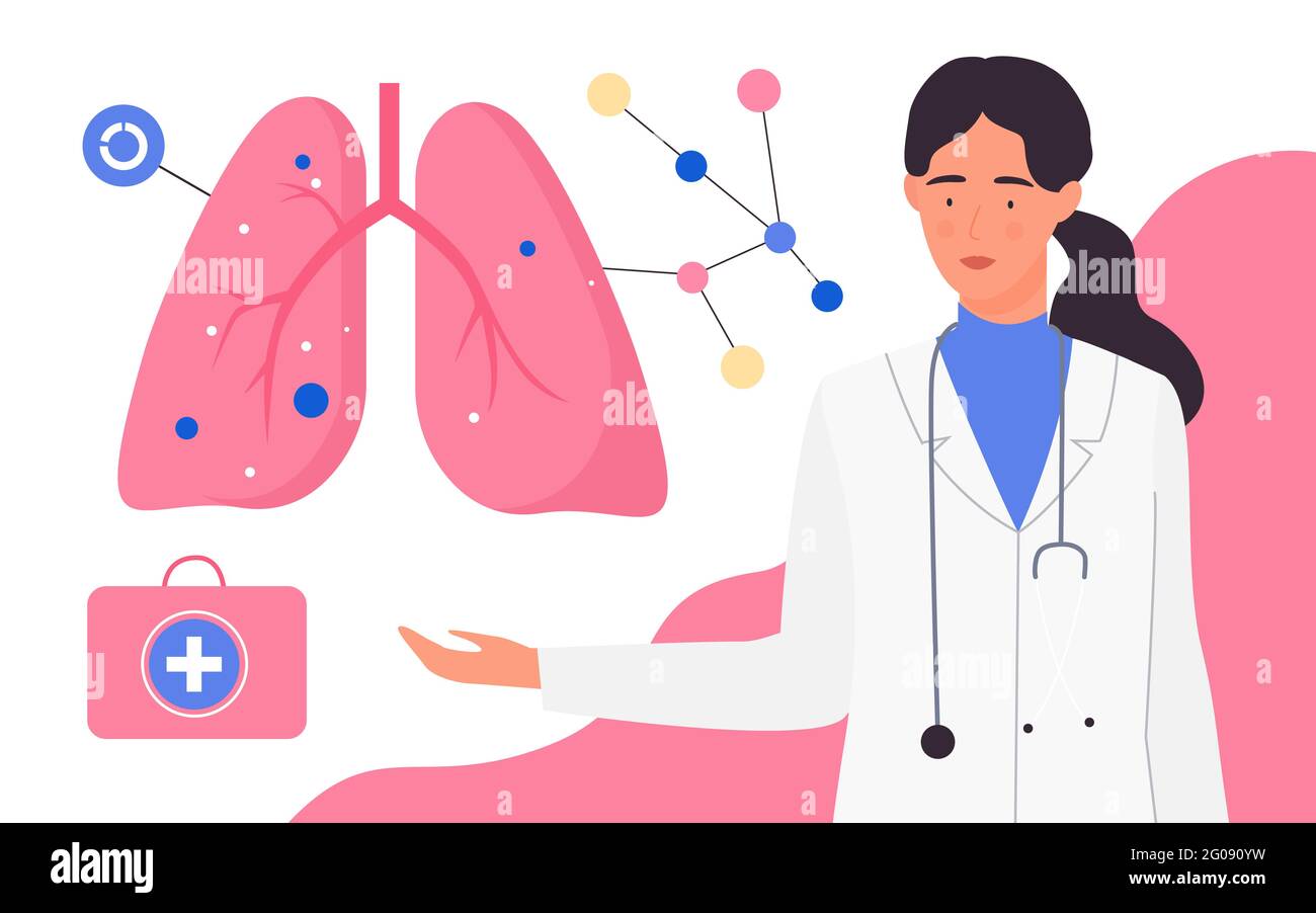 Examen médical du système respiratoire, illustration du vecteur anatomique des poumons du patient. Caricature femme médecin caractère avertissement des poumons santé respiratoire, examen diagnostic et traitement de fond pulmonologiey Illustration de Vecteur
