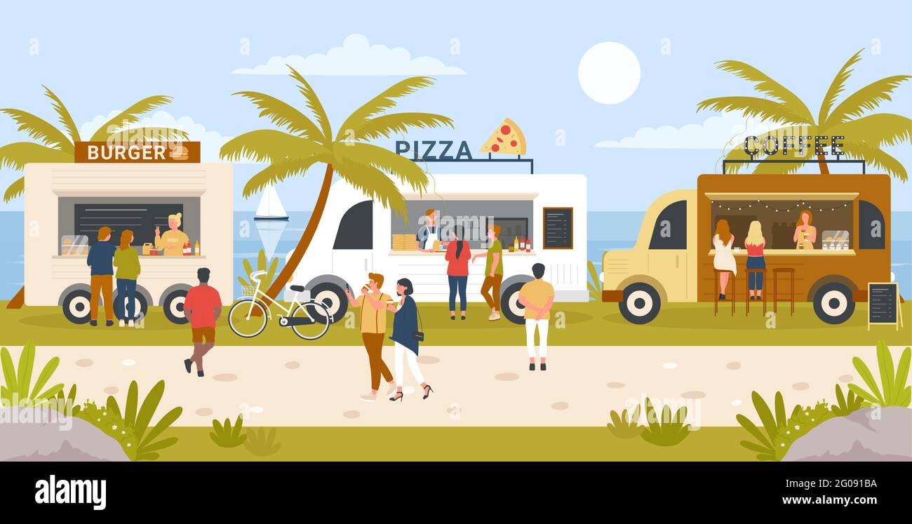 Les gens achètent de la nourriture à la ville festival marché de rue illustration de vecteur. Des personnages de cartoon Woman Man marchent sur le marché de la foire en plein air parmi les stands de kiosque avec pizza, camionnette à hamburger et fond de camion à café Illustration de Vecteur