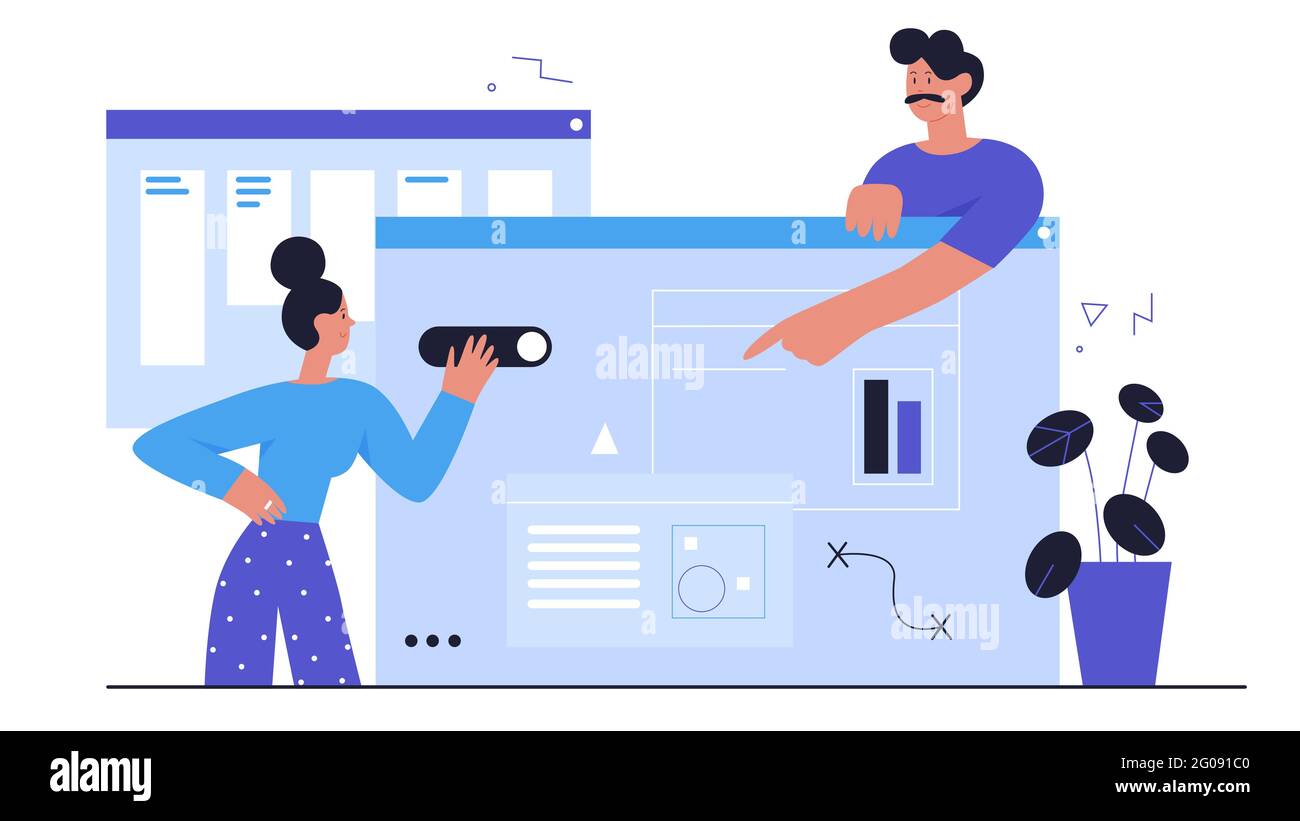 Les gens développent la conception ui ux, résumé du processus de développement web illustration vectorielle. Une équipe de personnages de concepteur de dessins animés travaille sur l'interface graphique, l'application de site Web d'utilisabilité isolée sur blanc Illustration de Vecteur