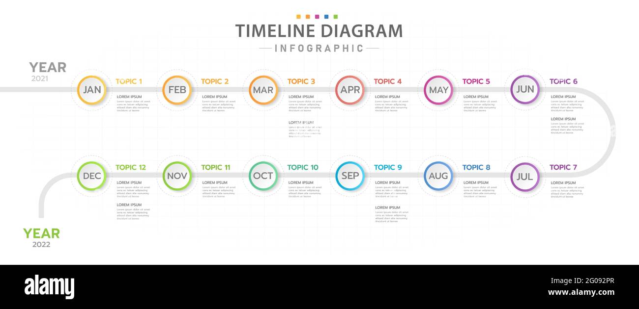 Modèle d'infographie pour les entreprises. Calendrier des diagrammes de la chronologie moderne de 12 mois, infographie des vecteurs de présentation. Illustration de Vecteur