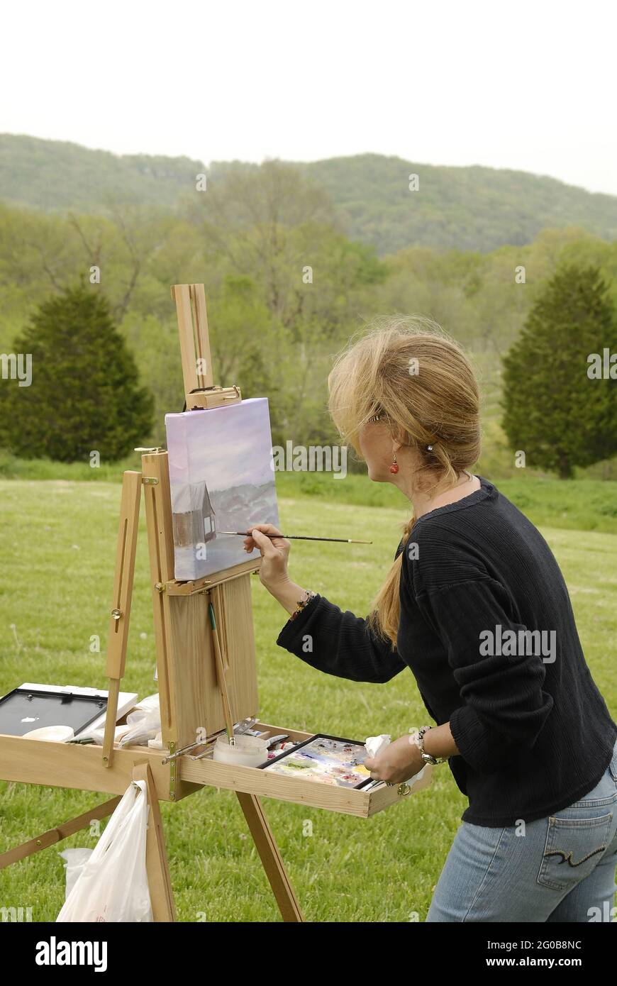 AUGUS, ÉTATS-UNIS - 30 avril 2009 : un artiste de plein air peint un paysage du Missouri. Banque D'Images