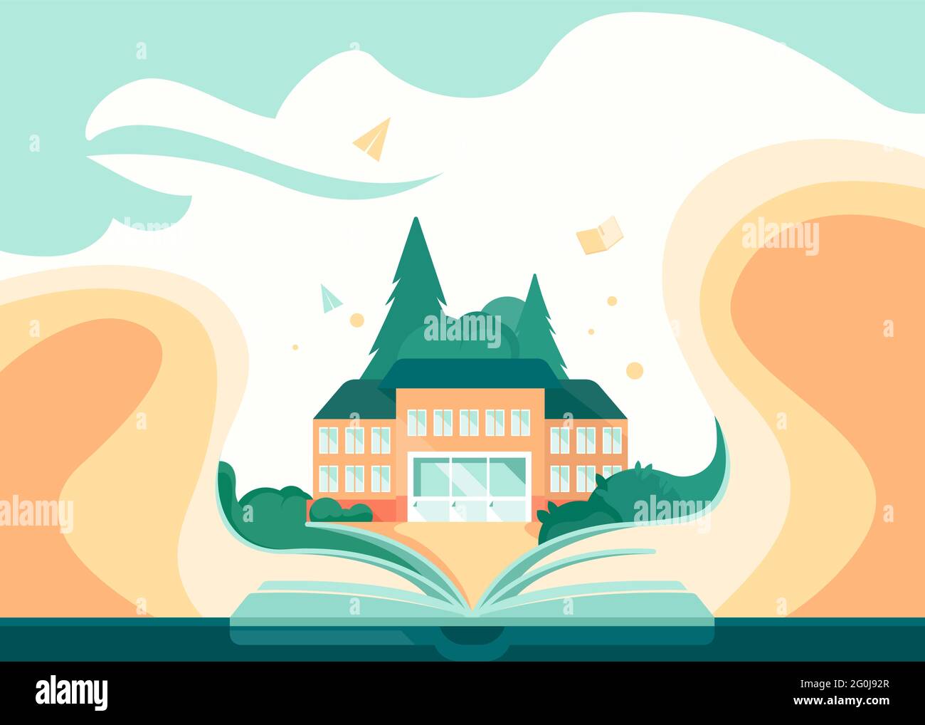 Modèle de bannière avec livre et bâtiment d'école. Motif circulaire de style plat. Illustration de Vecteur