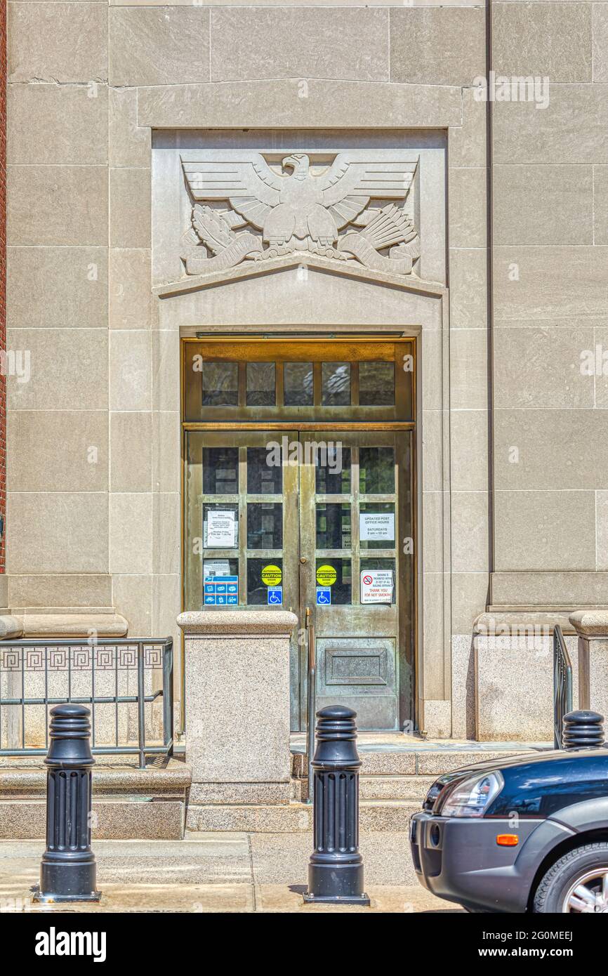 Détail, Federal Building Annex, 3 Exchange Terrace, conçu par Jackson, Robertson & Adams et construit en 1940. Banque D'Images