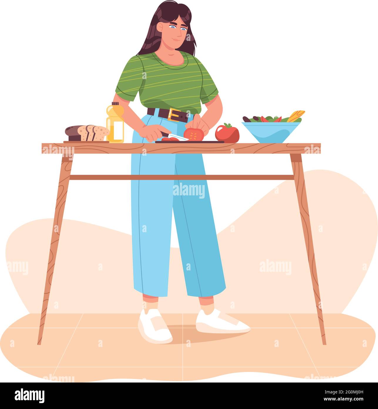 Femme préparant des aliments sains, coupant des légumes frais. Repas faits maison sur la table de cuisine à la maison. Salade de légumes, tomates en tranches. Cuisine végétarienne. Illustration vectorielle plate. Illustration de Vecteur