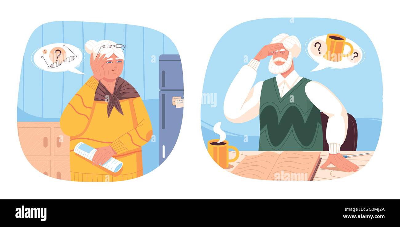 La vieille femme et l'homme âgé souffrent de démence, de la maladie d'alzheimer, de l'oubli. Elderlies avec difficulté à penser clairement, maladie mentale, problèmes de cerveau, troubles de santé ou perte de mémoire à court terme Illustration de Vecteur