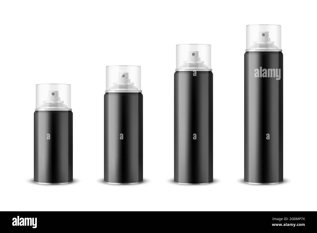 Vector 3d Realistic Black aluminium Blank Spray, flacon, kit de couvercle transparent isolé. Petite, moyenne, Grande taille. Modèle de conception, pulvérisateur, maquette Illustration de Vecteur