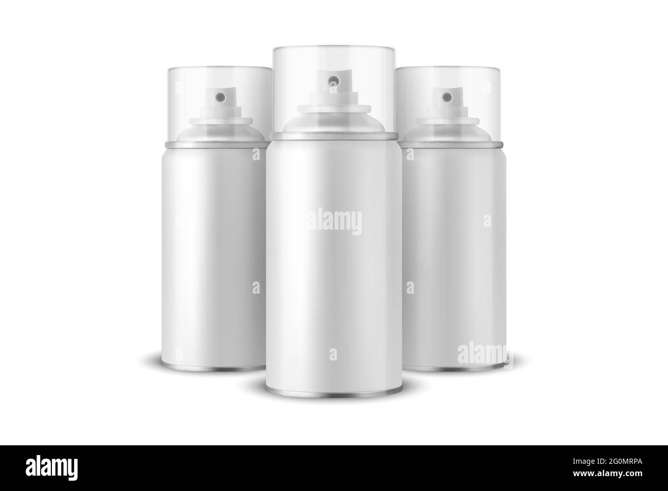 Trois Vector 3d Realistic White aluminium Blank Spray, flacon, couvercle transparent isolé. Petite, moyenne, Grande taille. Modèle de conception, pulvérisateur Illustration de Vecteur