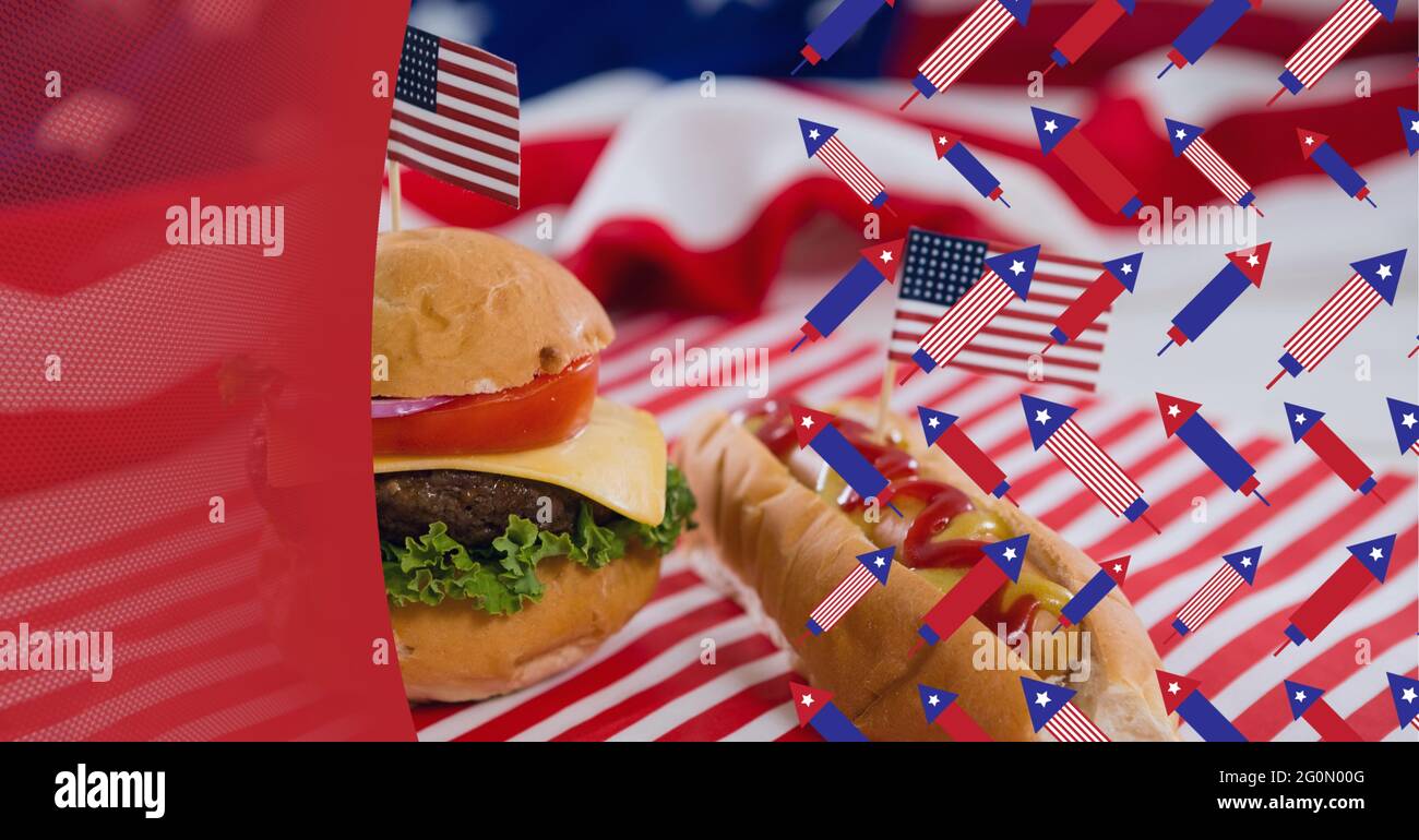 Composition de hamburger et hot dog avec drapeaux américains et espace de copie Banque D'Images