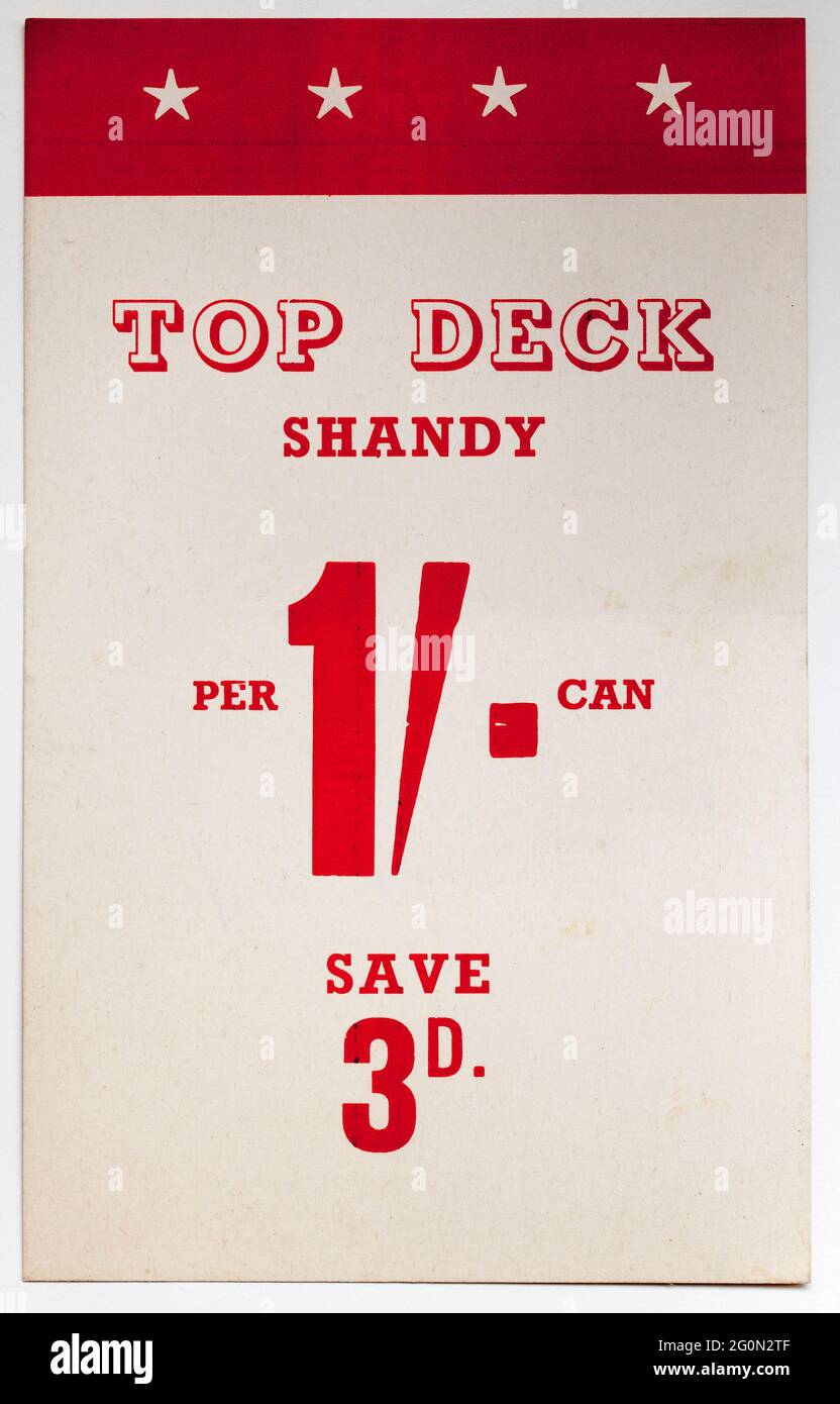 Étiquette d'affichage des prix de vente des années 1970 - Top Deck Shandy Banque D'Images