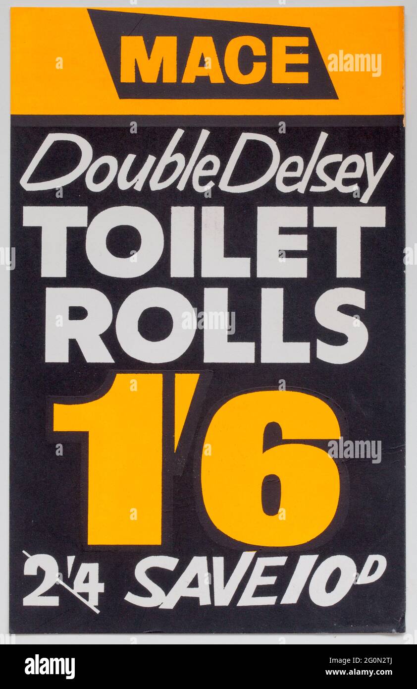 Étiquette d'affichage des prix de vente des années 1970 - rouleaux de toilettes doubles Delsey Banque D'Images