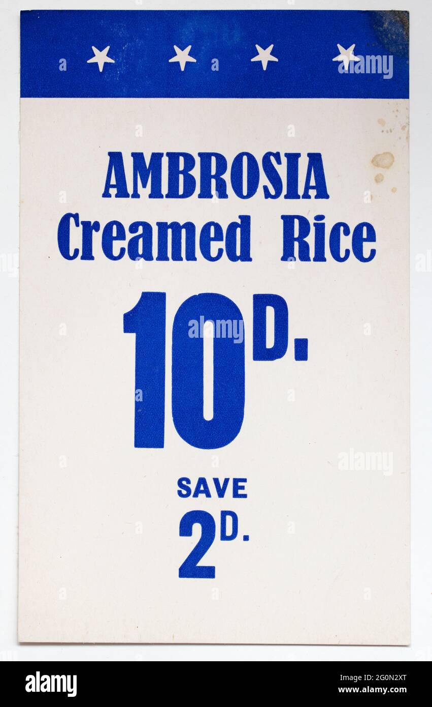 Étiquette d'affichage des prix de vente des années 1970 - Ambrosia Creamed Rice Pudding Banque D'Images