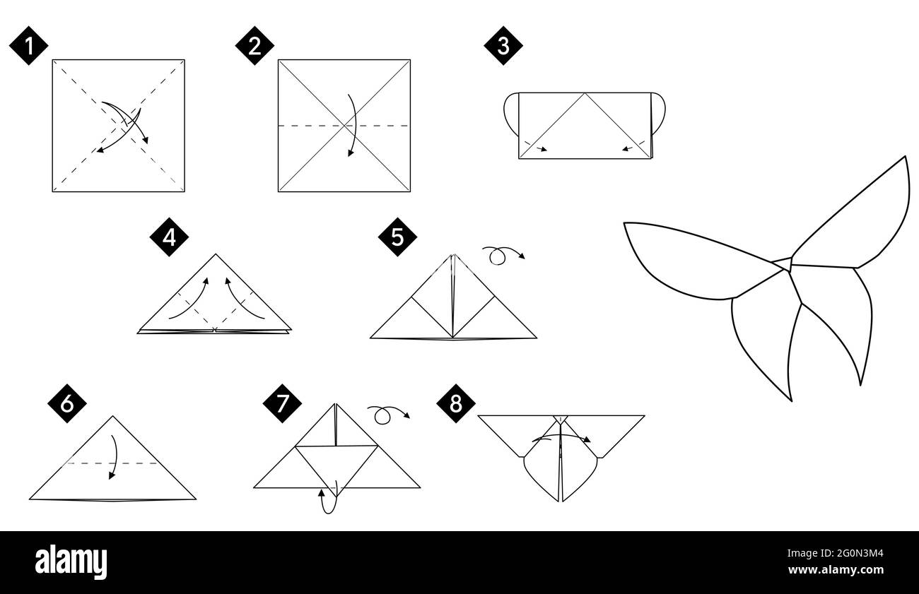 Instructions étape par étape pour faire le papillon origami. Illustration du guide de ligne monochrome vectoriel en papier. Illustration de Vecteur