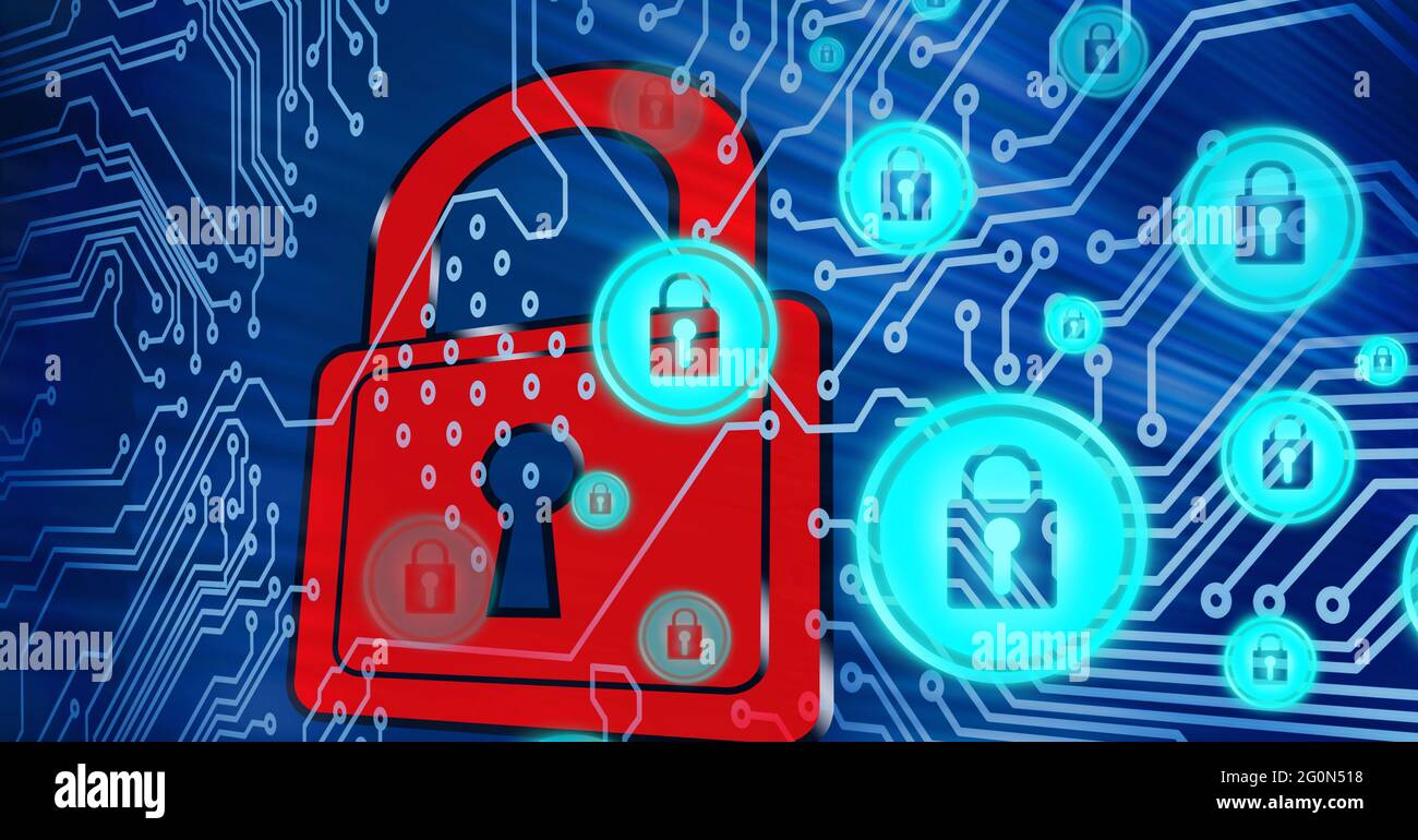 Composition des icônes de cadenas de sécurité en ligne sur la carte électronique de l'ordinateur Banque D'Images