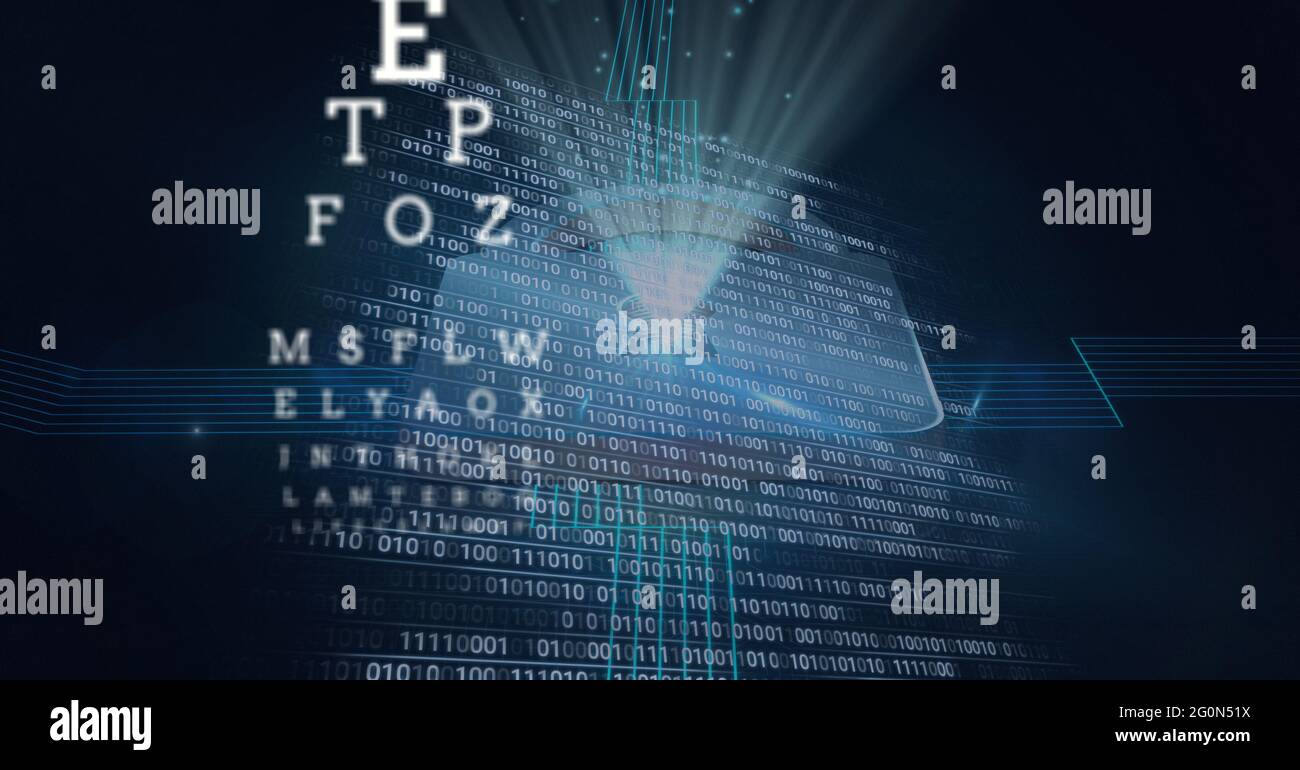 Composition de l'icône de cadenas de sécurité en ligne, de la lettre de test oculaire, des portées et du codage binaire Banque D'Images