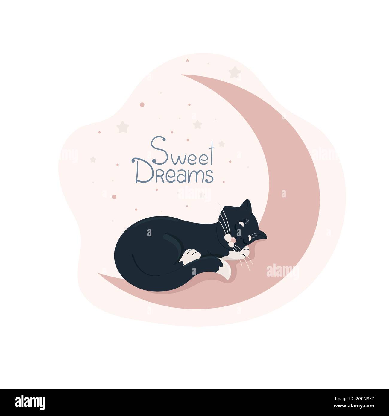 Adorable chaton noir avec pattes blanches et bout de queue blanche courbé et dormant sur la lune, animaux pour affiches de bébé et divers articles, illustration vectorielle Illustration de Vecteur