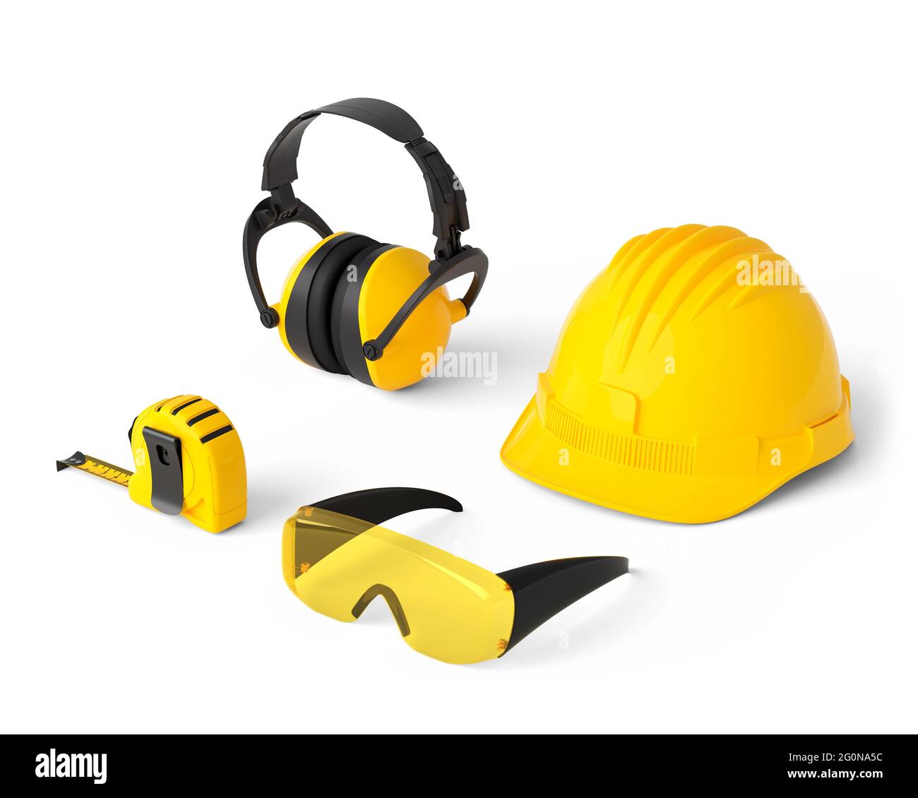 Vue isométrique des outils de construction jaunes pour la réparation sur blanc Banque D'Images Vue isométrique des outils de construction jaunes pour la réparation sur blanc Banque D'Images