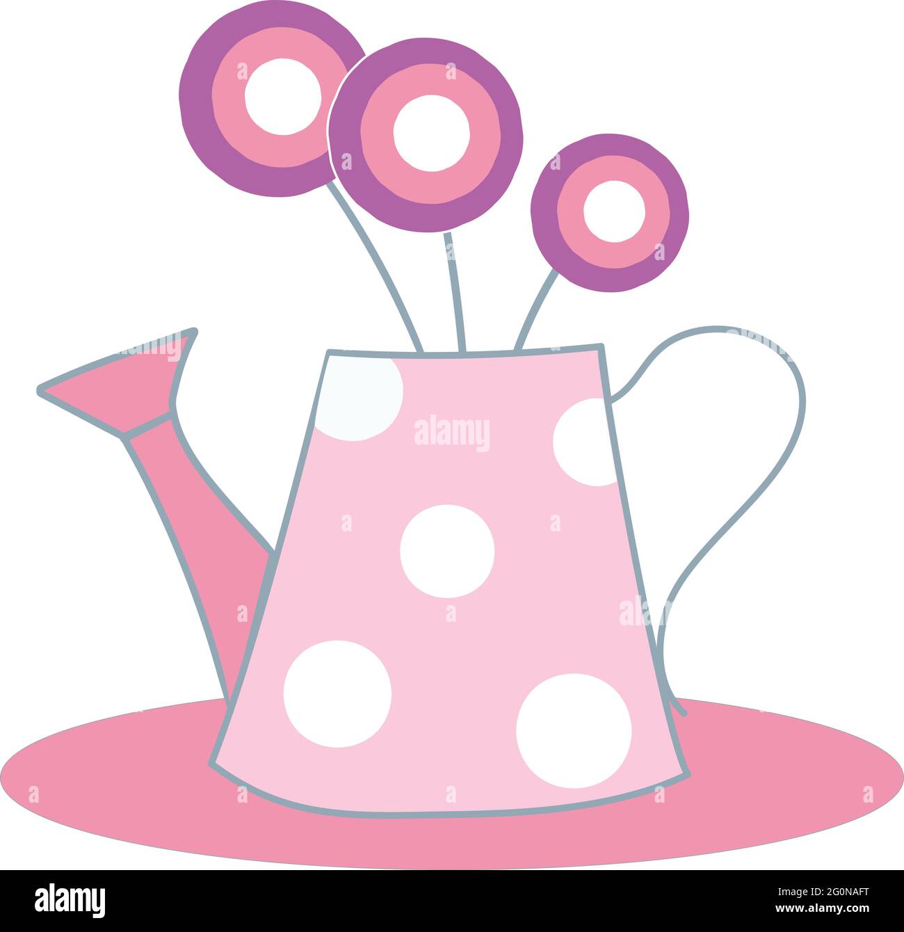 Un vase rose sous la forme d'une arrosoir rétro avec des fleurs rondes dessinées sur fond blanc Illustration de Vecteur