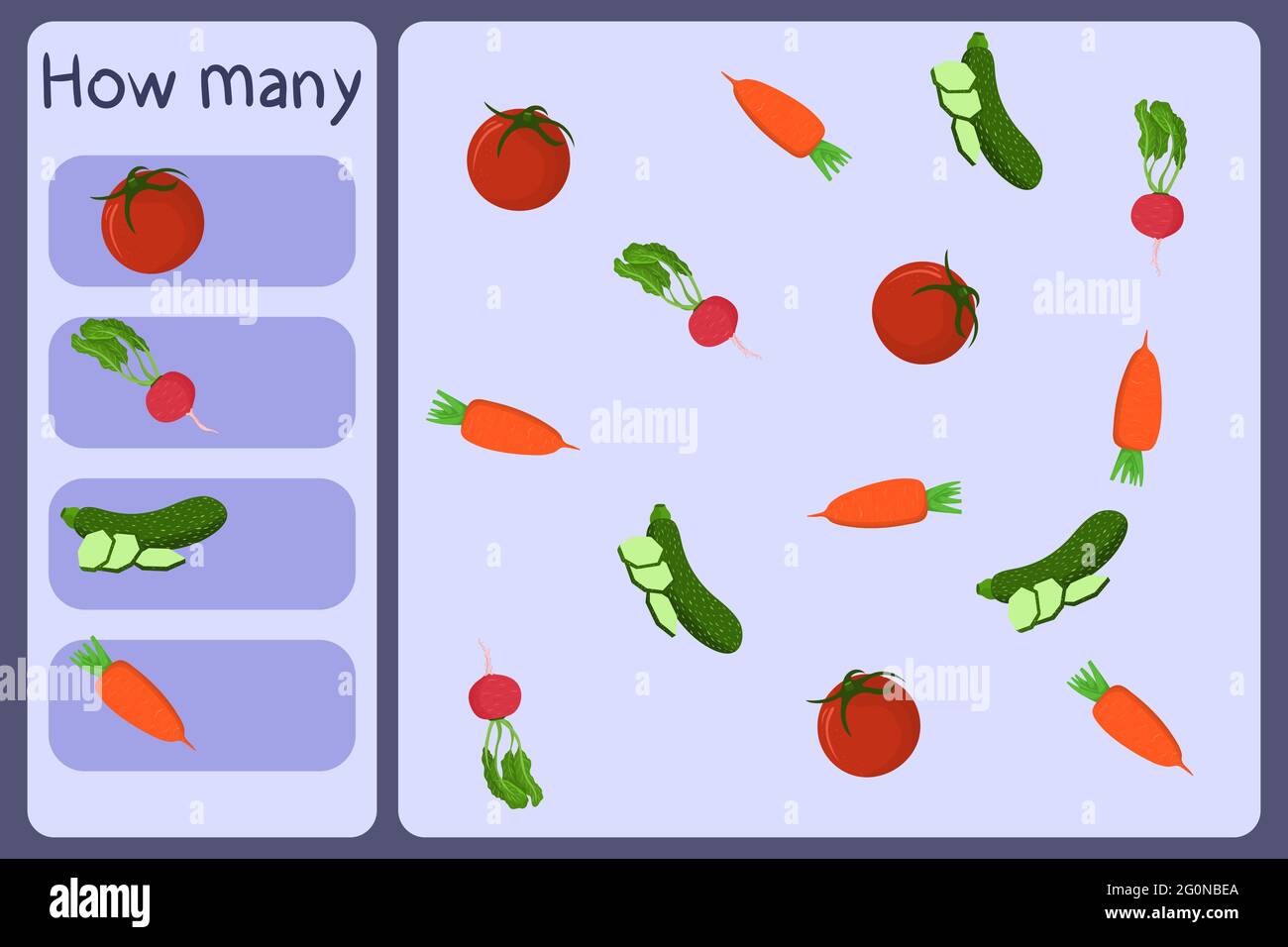 Mini Jeu Mathematique Pour Enfants Comptez Combien De Legumes Tomate Radis Courgettes Carottes Jeux Educatifs Pour Enfants Modele De Dessin Anime Sur Fond Colore Graphique Vectoriel Image Vectorielle Stock Alamy