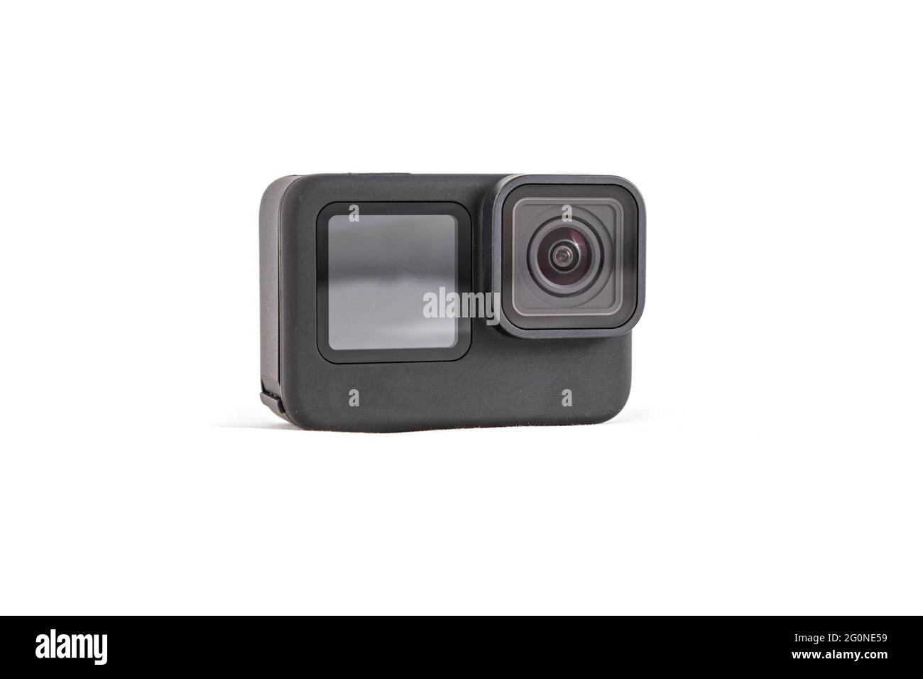 caméra embarquée noire avec écran. vue avant, arrière-plan blanc isolé... Banque D'Images
