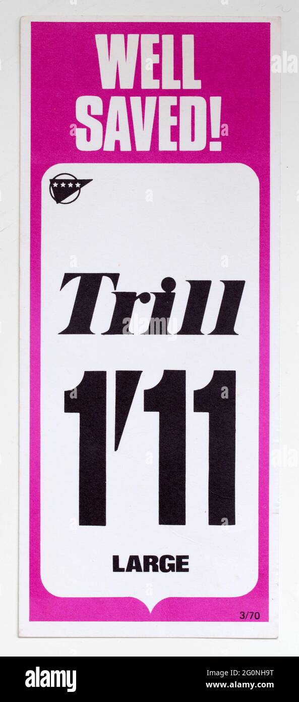 Étiquette d'affichage des prix de vente des années 1970 pour LA NOURRITURE POUR OISEAUX DE TRILL Banque D'Images