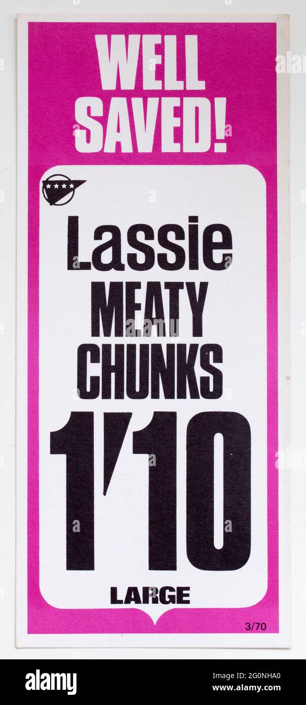 Étiquette d'affichage du prix de vente des années 1970 pour les morceaux de lassie Meaty Banque D'Images