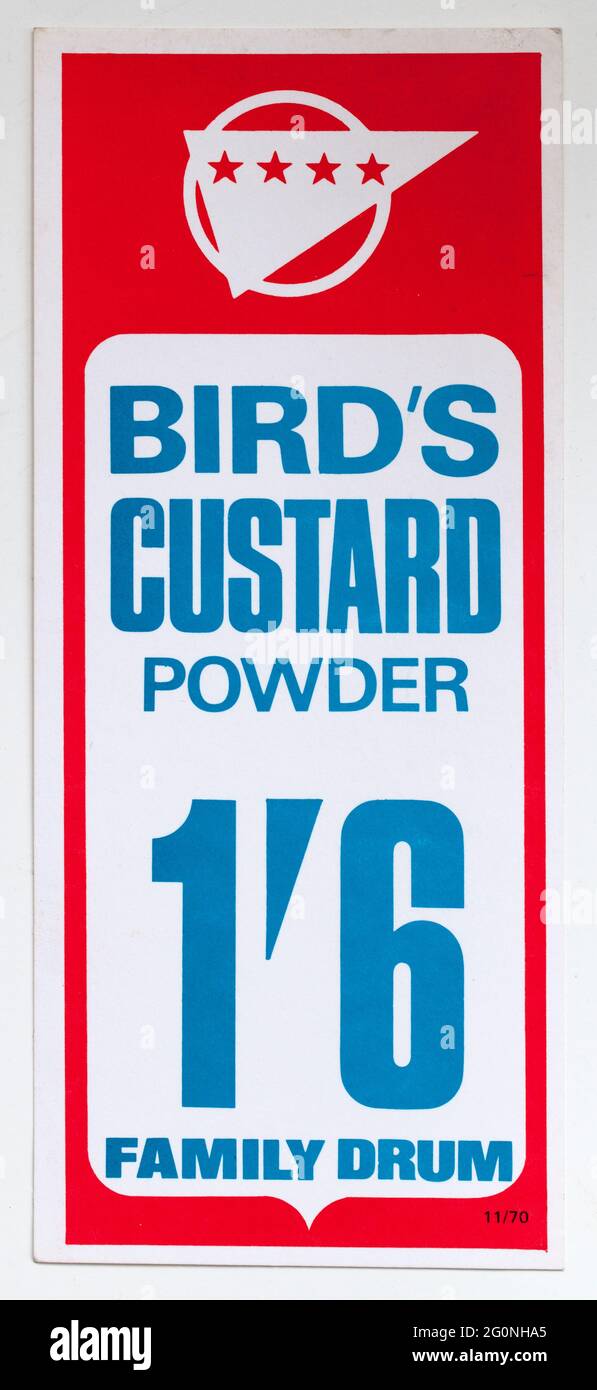 Étiquette d'affichage du prix de vente des années 1970 - poudre de gardien d'oiseaux Banque D'Images