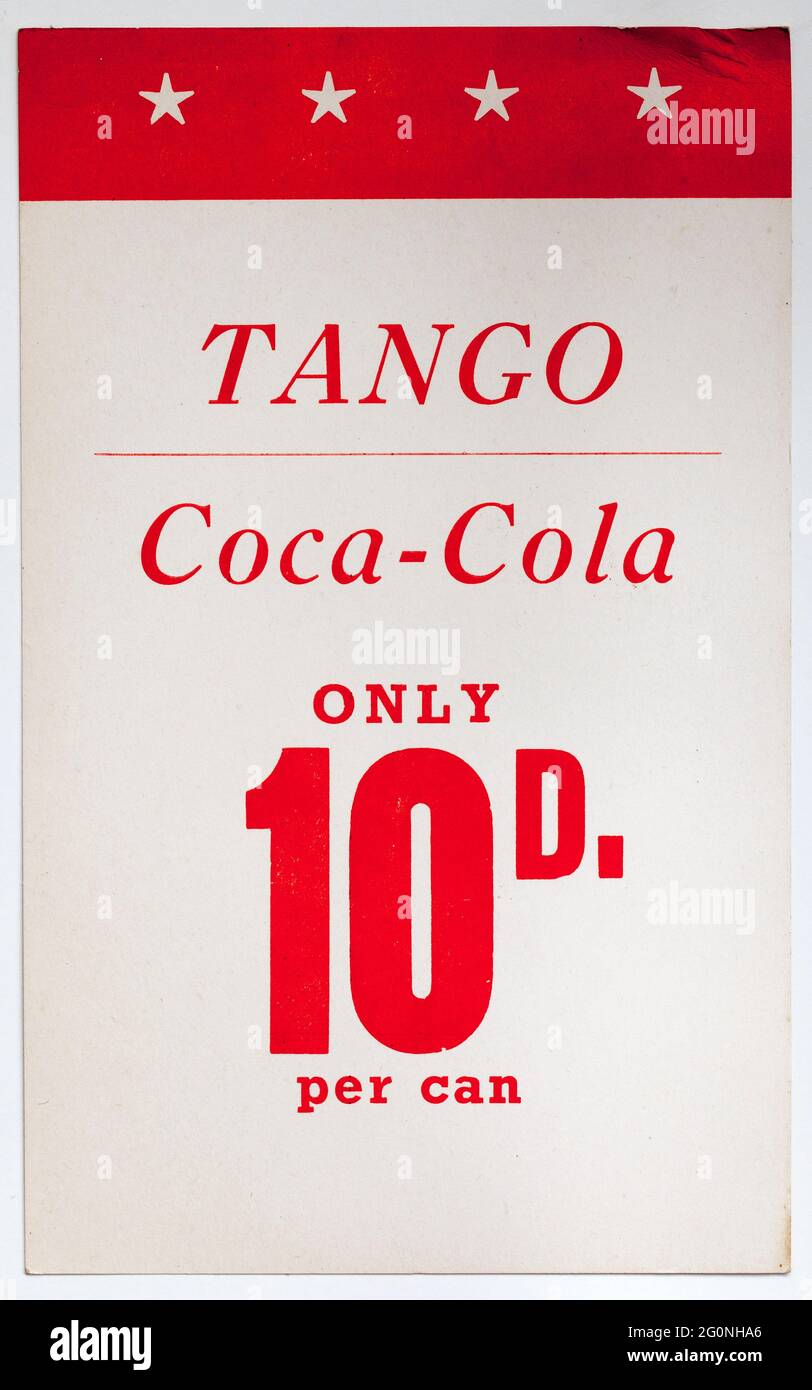 Étiquette d'affichage des prix de vente des années 1970 - Tango Coca Cola Banque D'Images