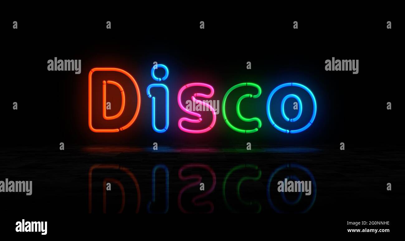 Symbole disco symbole néon. Ampoules de couleur claire avec enseigne rétro de club de musique de ville de vie nocturne. Illustration 3d du concept abstrait. Banque D'Images
