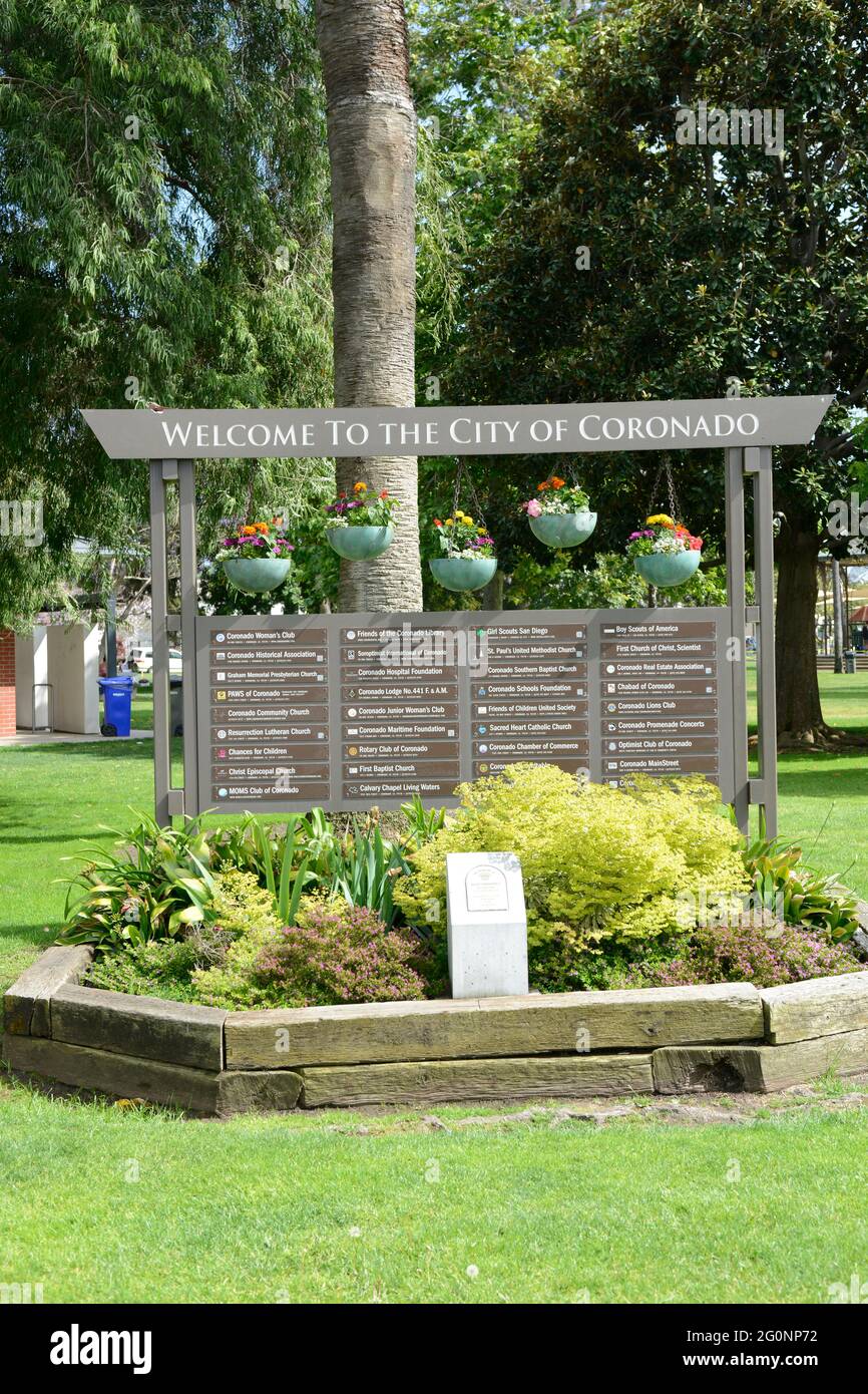 Bienvenue au panneau City of Coronado à Speckels Park, Californie Banque D'Images