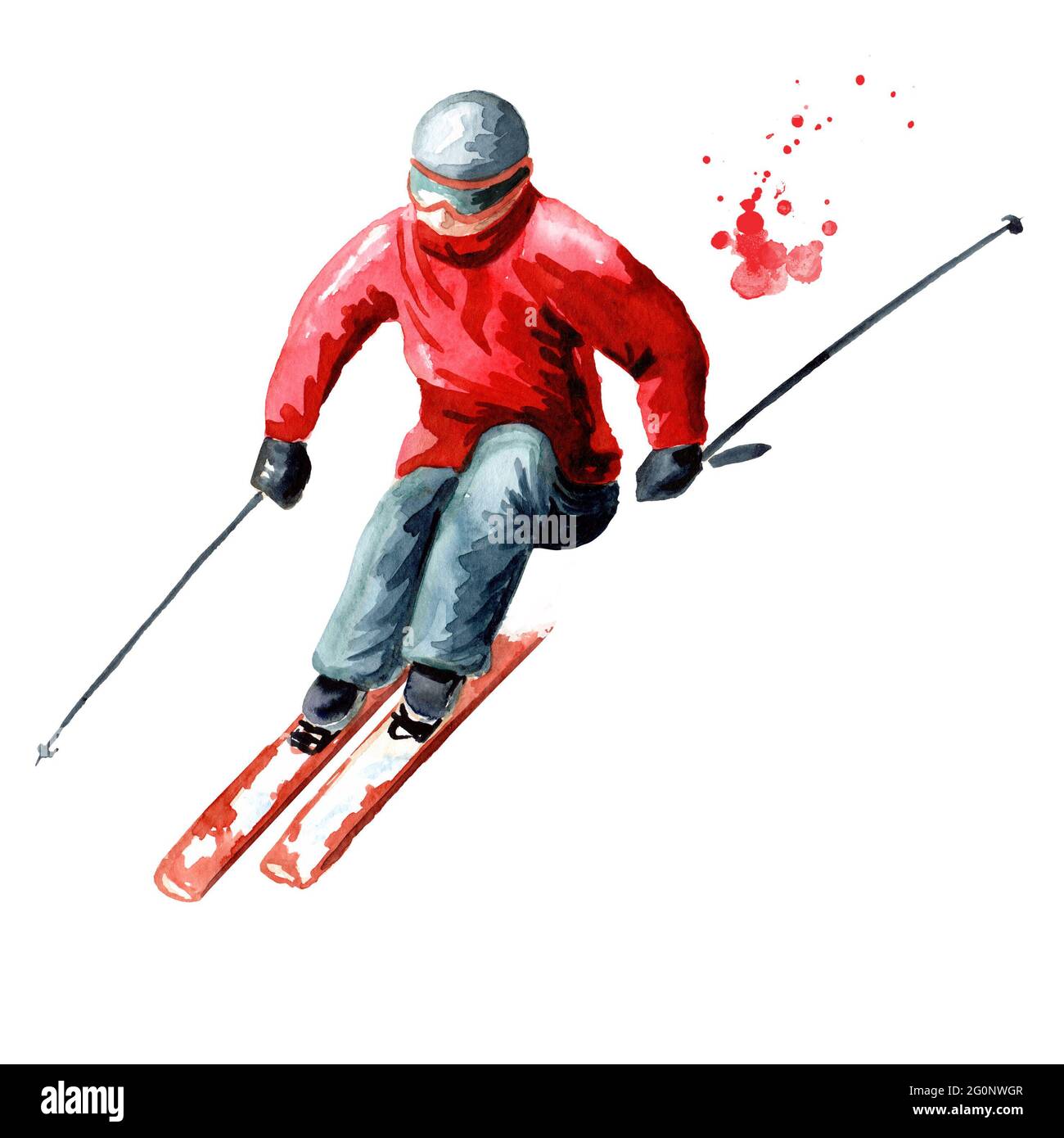 Ski, loisirs d'hiver et concept de vacances. Illustration aquarelle dessinée à la main isolée sur fond blanc Banque D'Images