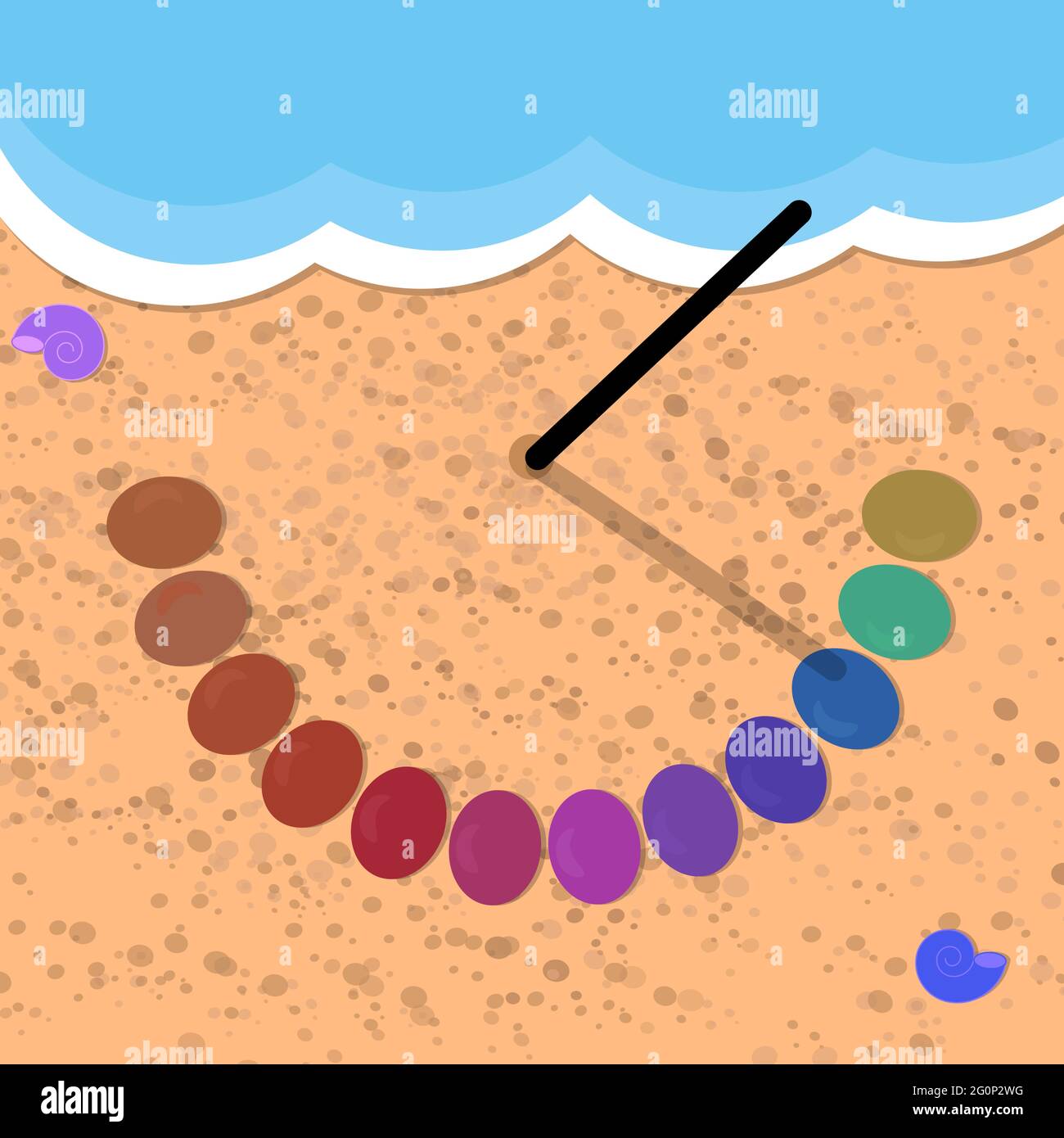 Illustration vectorielle d'un simple cadran solaire au bord de la mer. Baguette et pierres arc-en-ciel. Sable et vagues. L'ombre indique l'heure. Illustration de Vecteur