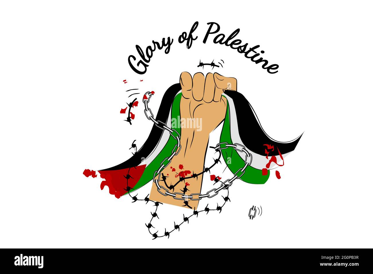 Dessin à la main vectoriel main tenant le drapeau de Palestine, au-delà de la rupture de la chaîne, avec le texte gloire de la Palestine, la planche de démonstration isolée sur blanc Illustration de Vecteur