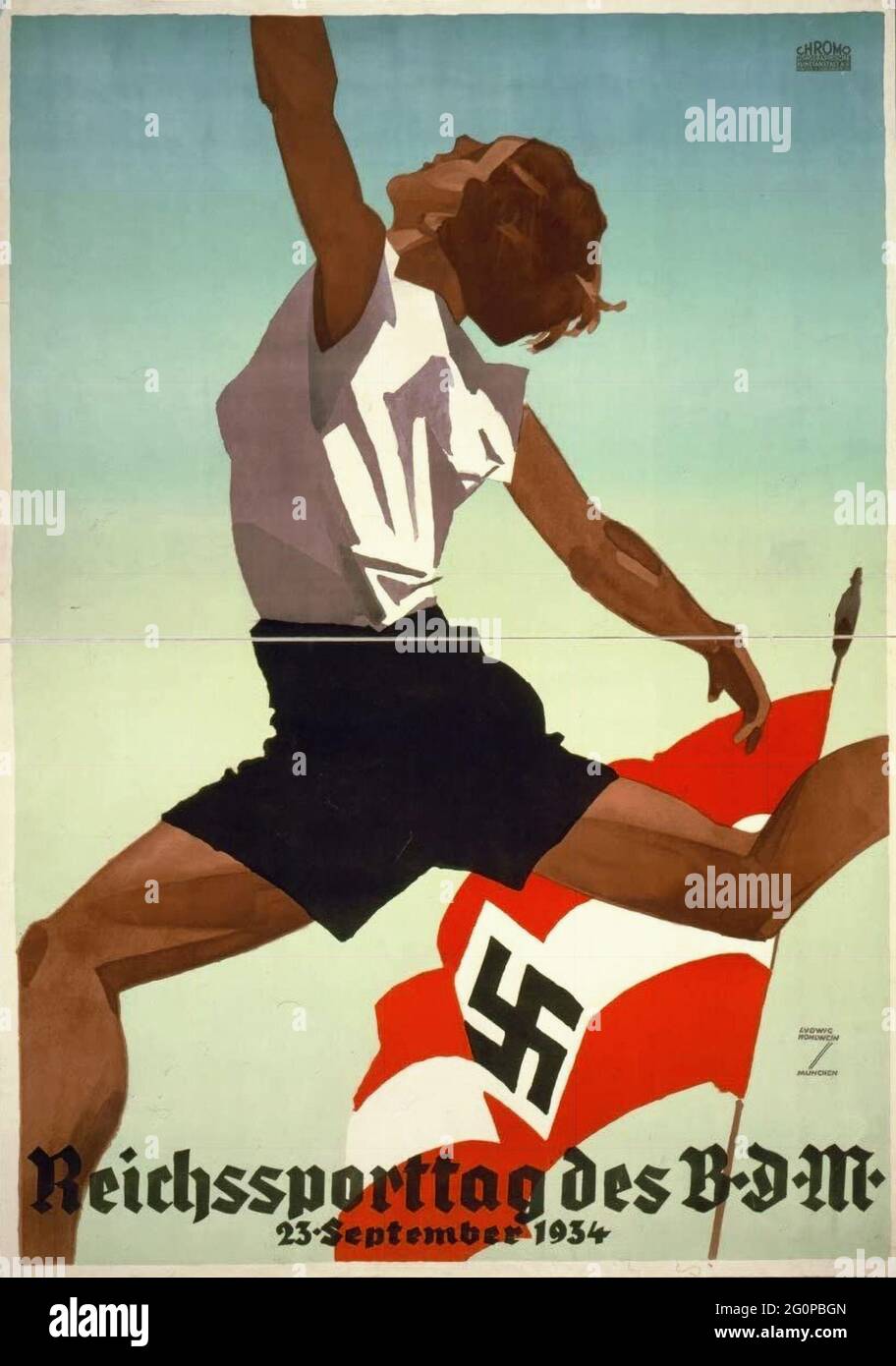 Une affiche de propagande nazie vintage pour la journée sportive de Reich de la Ligue des Maidens allemands (BDM) en septembre 1934 Banque D'Images