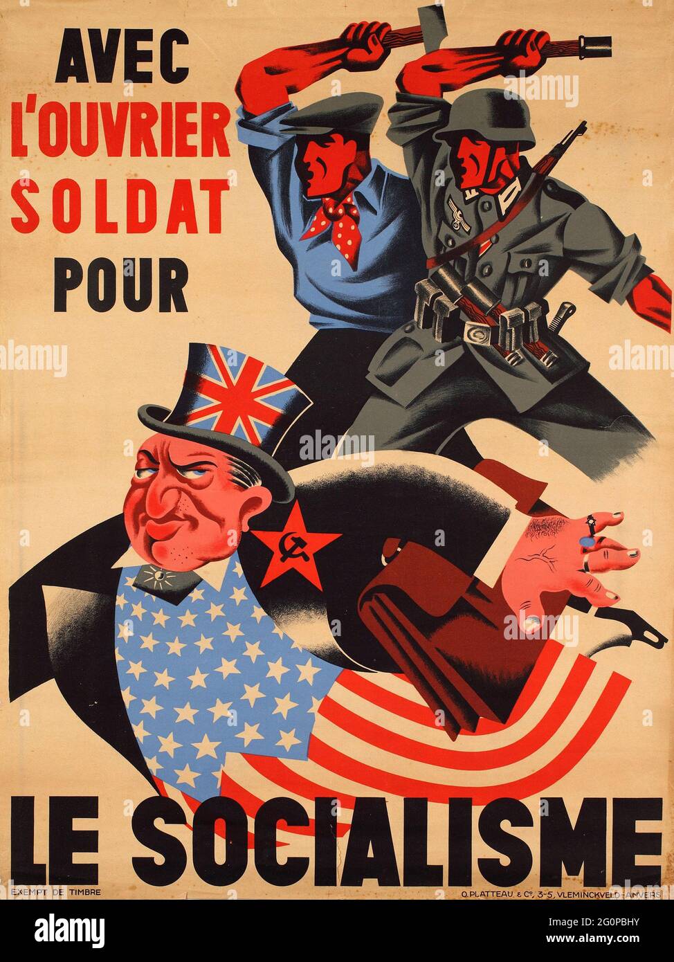 Une affiche de propagande nazie d'époque en Belgique montrant un paysan et un soldat qui se battent ensemble et un gros homme d'affaires britannique/américain qui fuit Banque D'Images